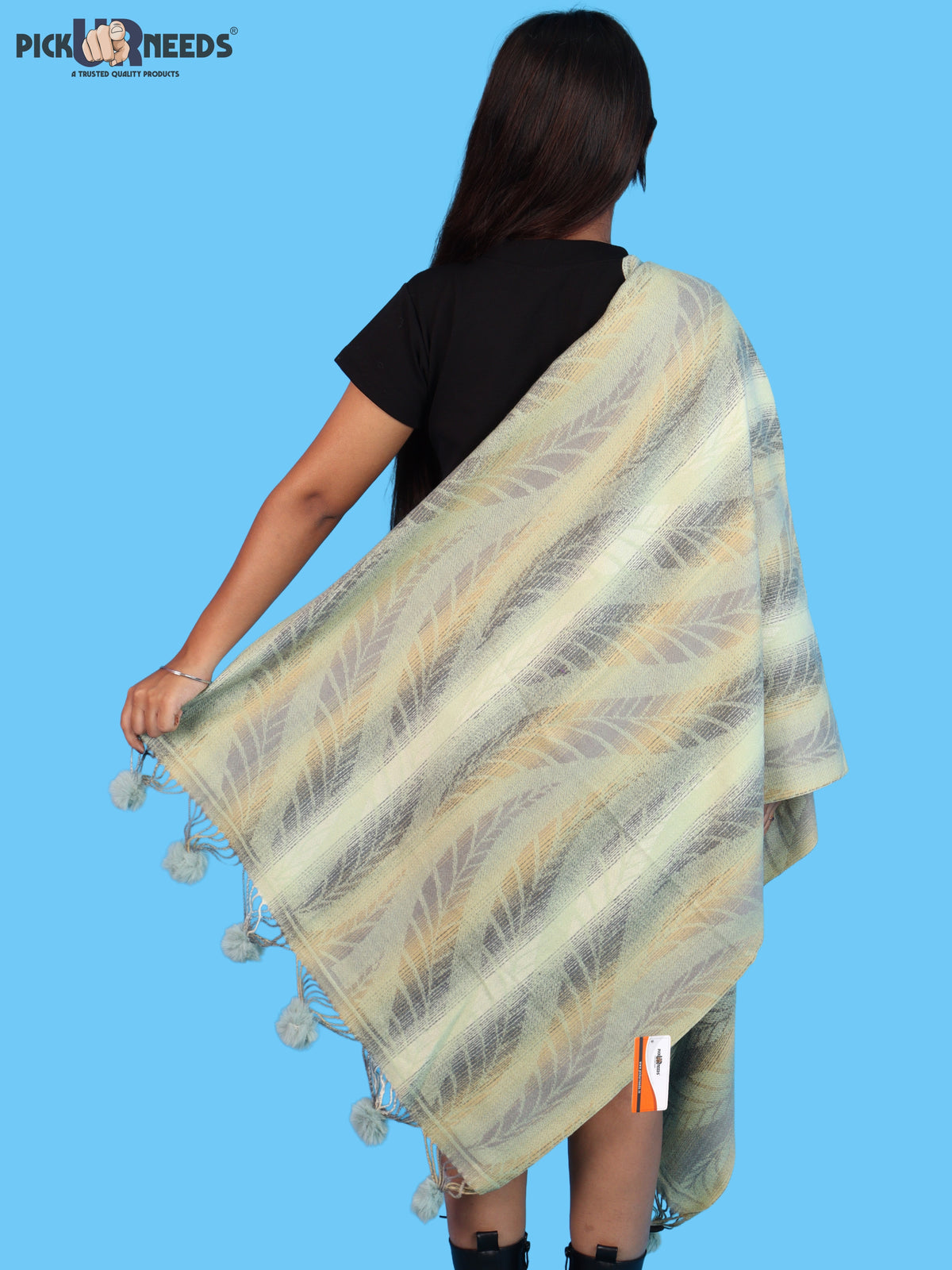 Pick Ur Needs Womens Designer Woolen Shawl & Stole with Elegant Leaf Pattern and Pom Pom Tassels, Winter Soft Warm Lightweight Winter Wrap