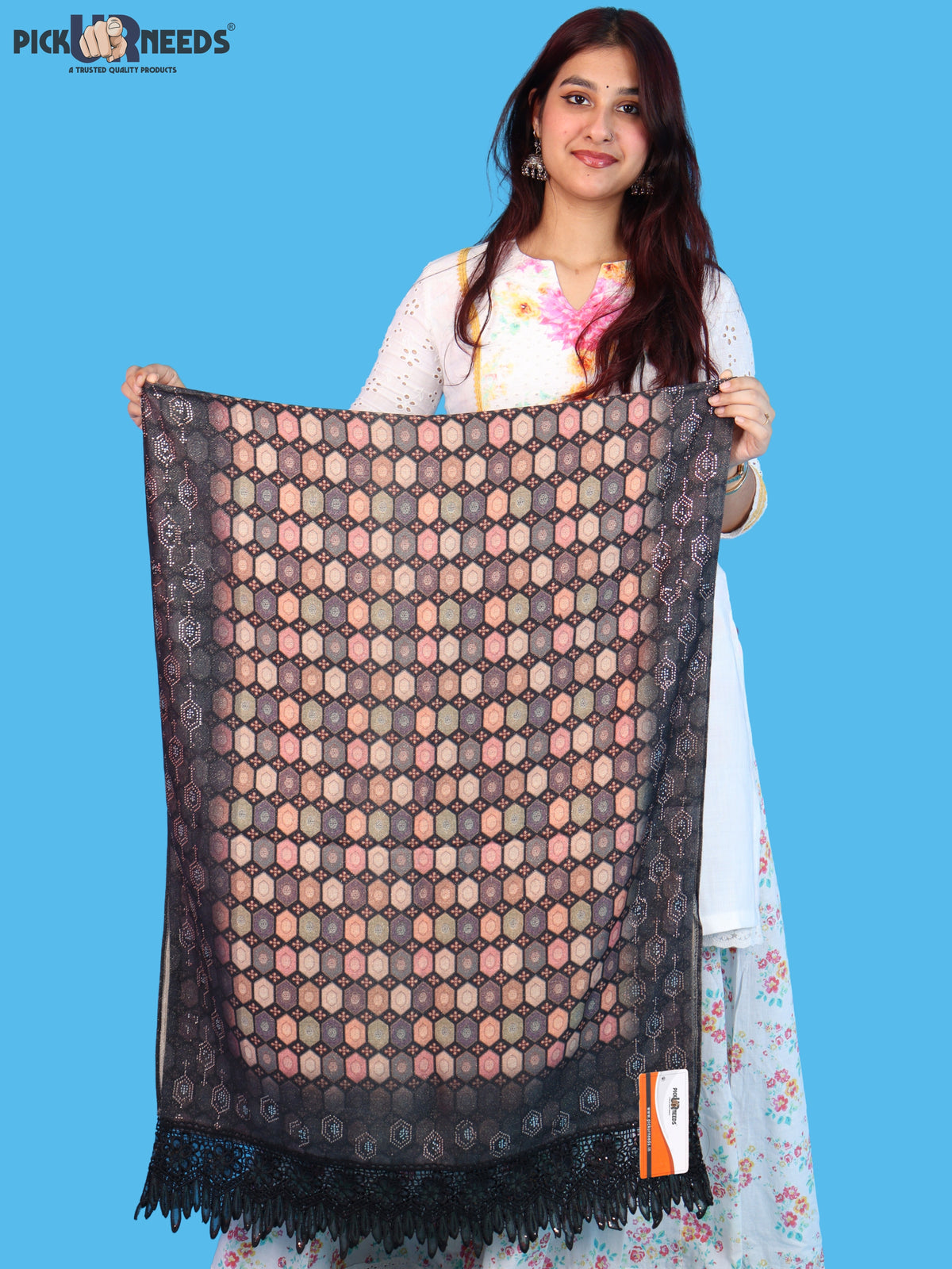 Pick Ur Needs Premium Stylish Womens & Girls Elegant Woolen Shawl Soft Warm Printed Stole with Lace Tassels