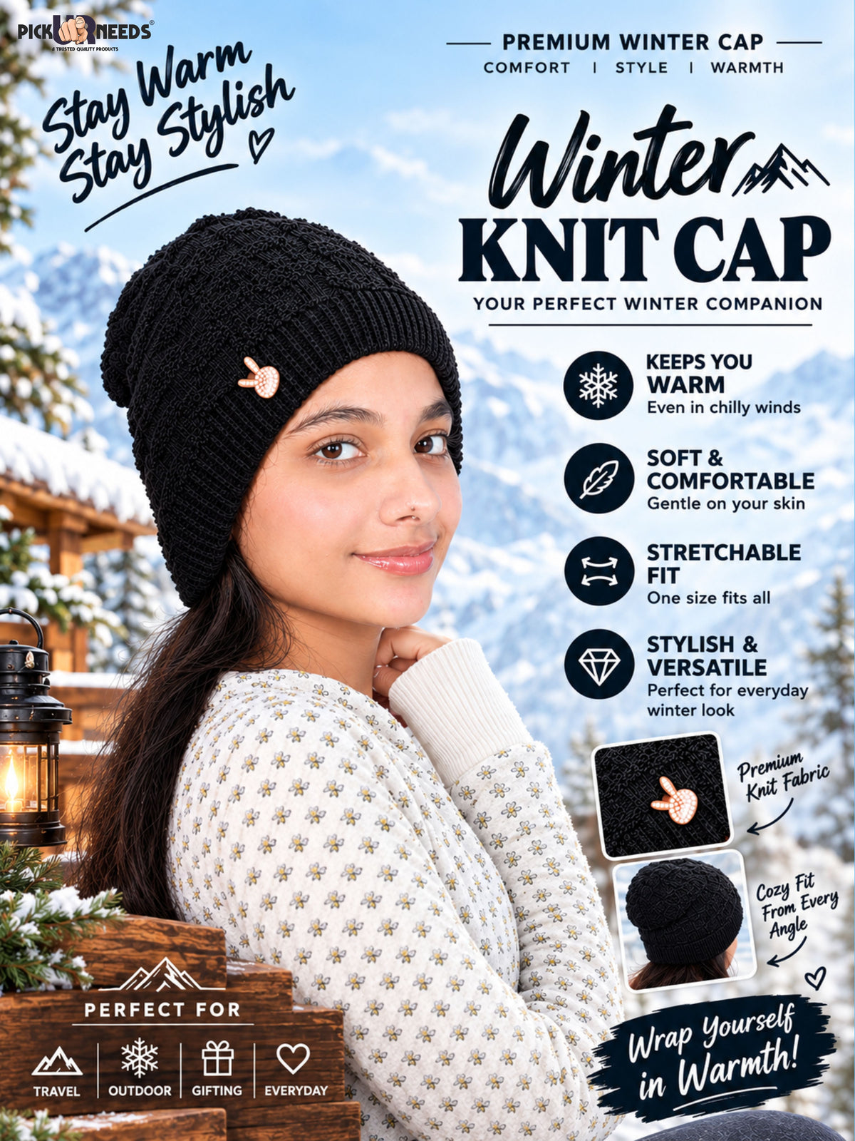 Pick Ur Needs Stylish Winter Cap for Women & Girls Warm Cozy Stretchable with Soft Knit Fabric