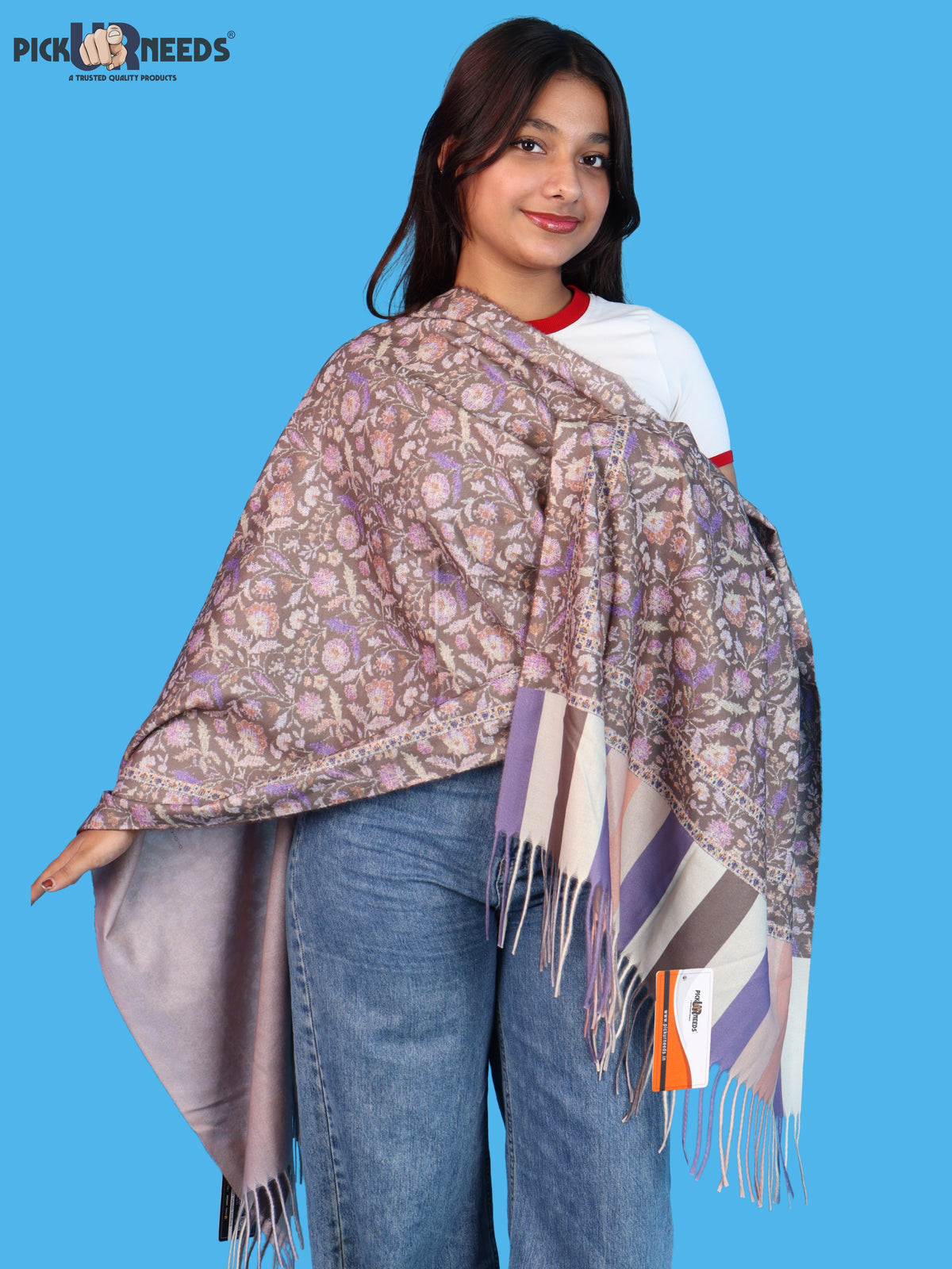 Pick Ur Needs Women & Girls Soft Woolen Shawl Elegant Floral Design Winter Neck Scarf with Decorative Border & Fringes