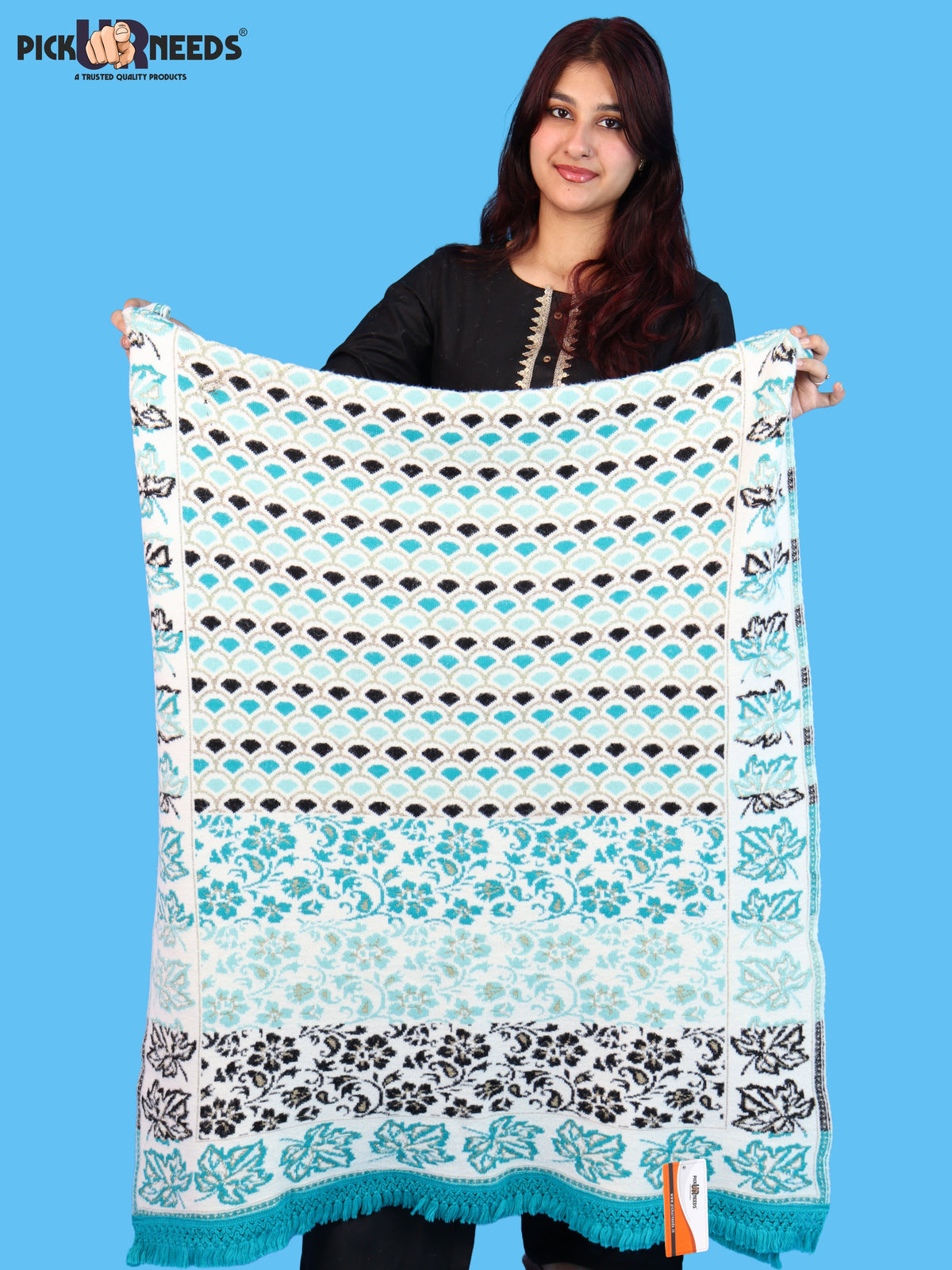 Pick Ur Needs Womens & Girls Winter Premium Shawl Floral Patterned Wool Blend Wrap with Decorative Border & Fringe Finish