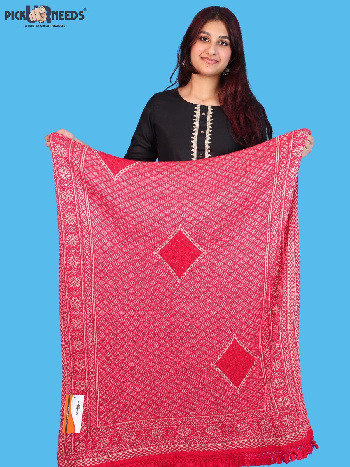 Pick Ur Needs Women & Girls Designer Shawl Stole with Elegant Woven Floral & Geometric Pattern, Soft Warm Winter Wrap with Fringed Border, Stylish Shoulder Scarf for Ladies