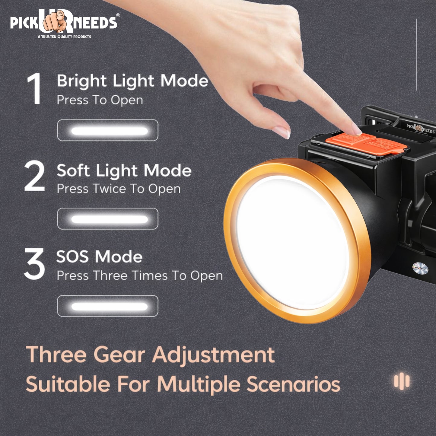 Pick Ur Needs 50W Rechargeable Emergency LED Headlamp Torch | 1200mAh Battery | 3 Light Modes | Long Range White Light | 4H Backup | Type C Charging Head Light for Camping, Fishing & Hiking