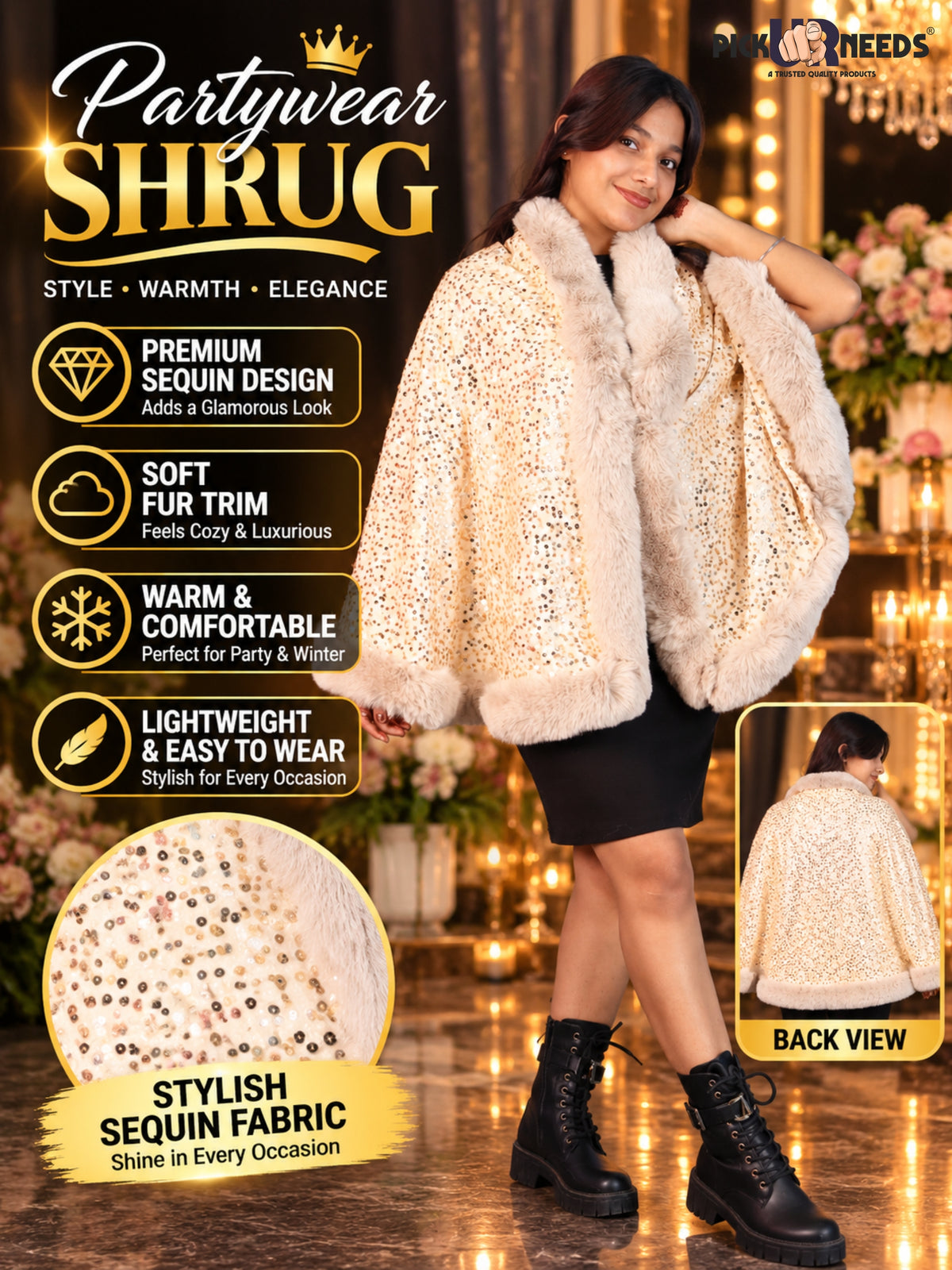 Pick Ur Needs Luxury Shrug for Women Sequin Outerwear with Soft Fur Collar Shawl Evening Wrap Poncho