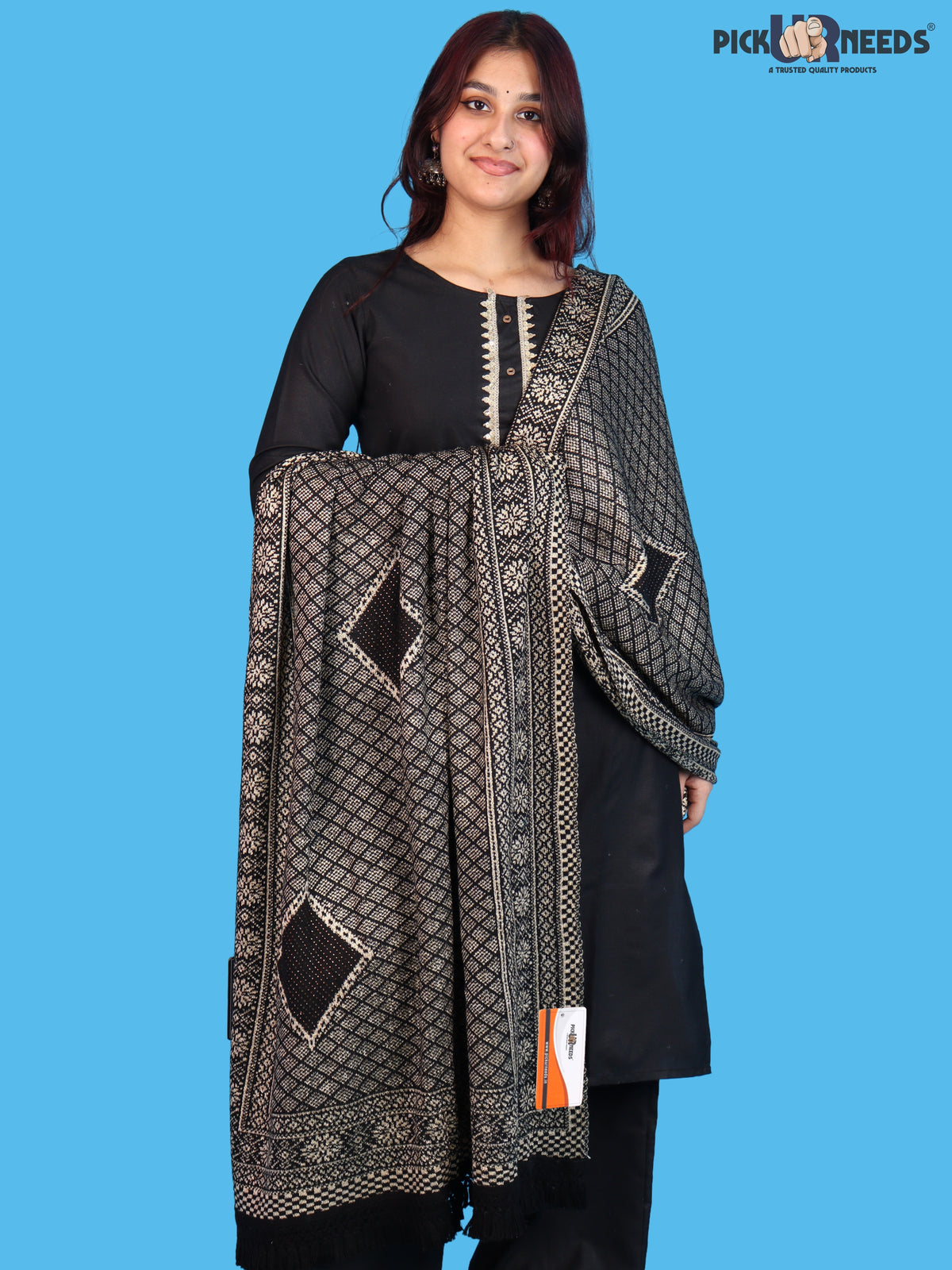 Pick Ur Needs Women & Girls Designer Shawl Stole with Elegant Woven Floral & Geometric Pattern, Soft Warm Winter Wrap with Fringed Border, Stylish Shoulder Scarf for Ladies