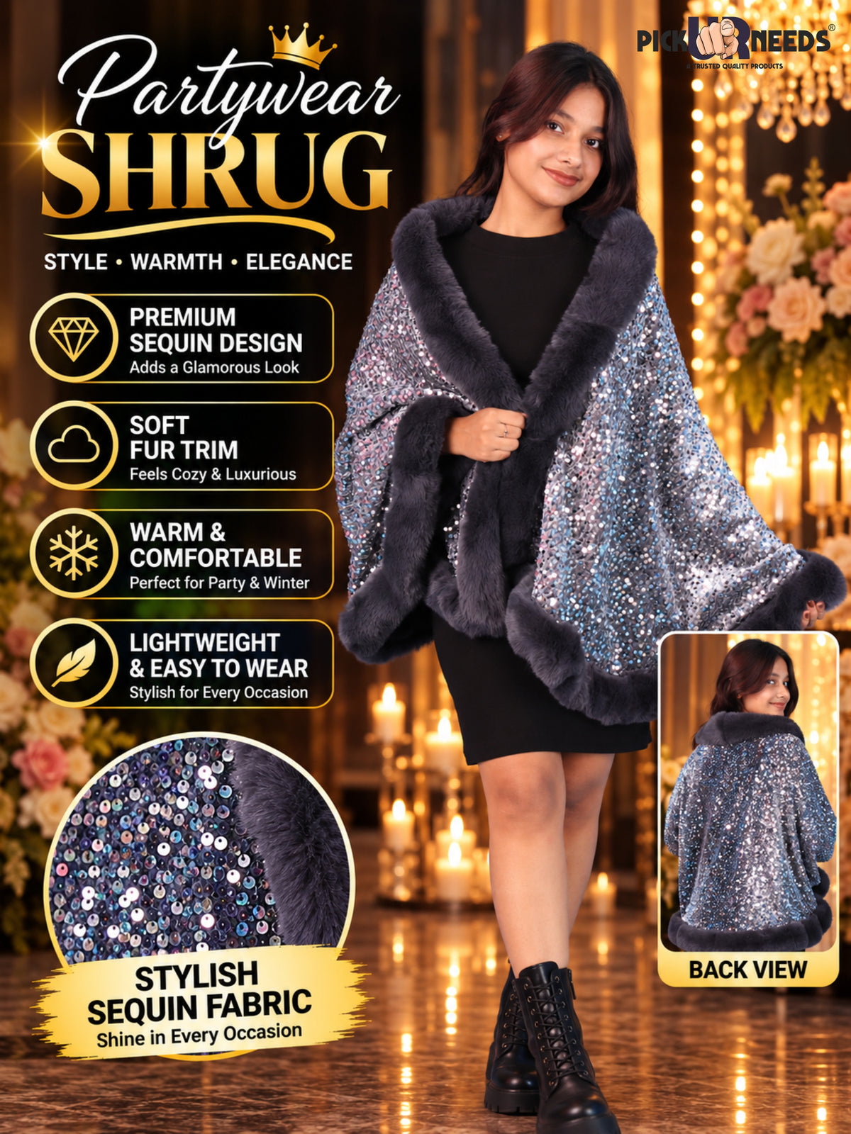 Pick Ur Needs Luxury Shrug for Women Sequin Outerwear with Soft Fur Collar Shawl Evening Wrap Poncho