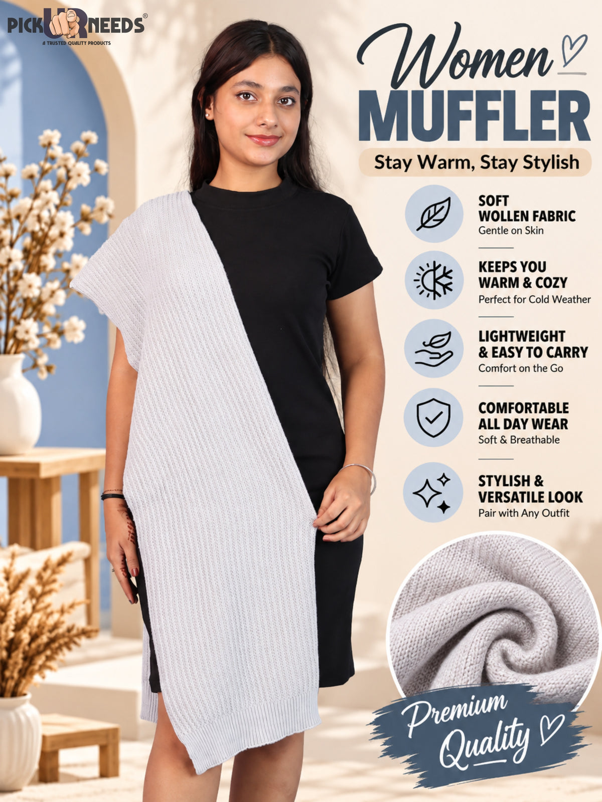 Pick Ur Needs Womens Stylish Knitted Muffler Scarf, Long Ribbed Knit Winter Neck Wrap, Soft Textured Cozy Scarf for Girls