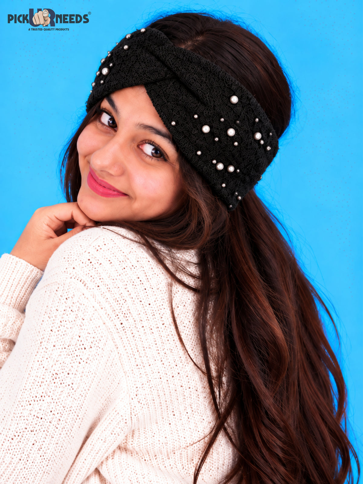 Pick Ur Needs Winter Ear Warmer Kanpatti Soft Woolen Headband with Elegant Pearl Design Warm Stretchable For Womens & Girls