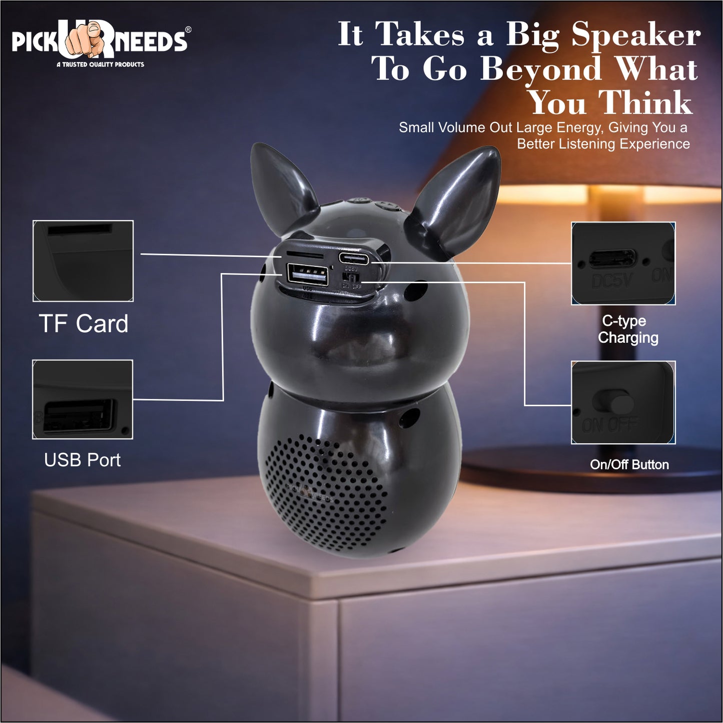Pick Ur Needs Bunny Bluetooth Speaker | Cute Portable Wireless Speakers with TWS, FM Radio, USB & TF Card | Rechargeable Mini Speaker for Kids & Desk Use