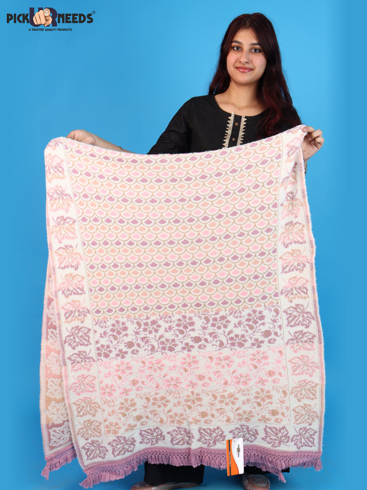Pick Ur Needs Womens & Girls Winter Premium Shawl Floral Patterned Wool Blend Wrap with Decorative Border & Fringe Finish