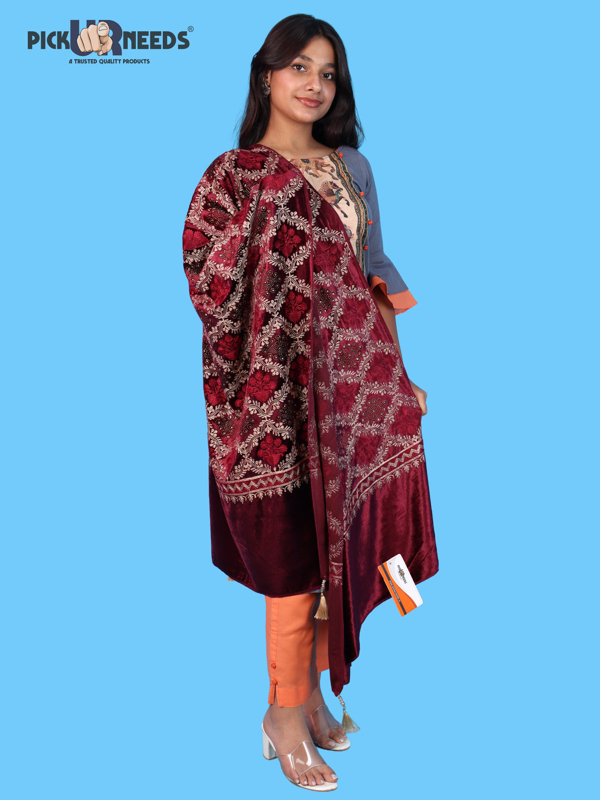 Pick Ur Needs Womens Velvet Woolen Girls Shawl with Elegant Embroidered Design, Warm Winter Wrap for Wedding Parties, Festive Occasions