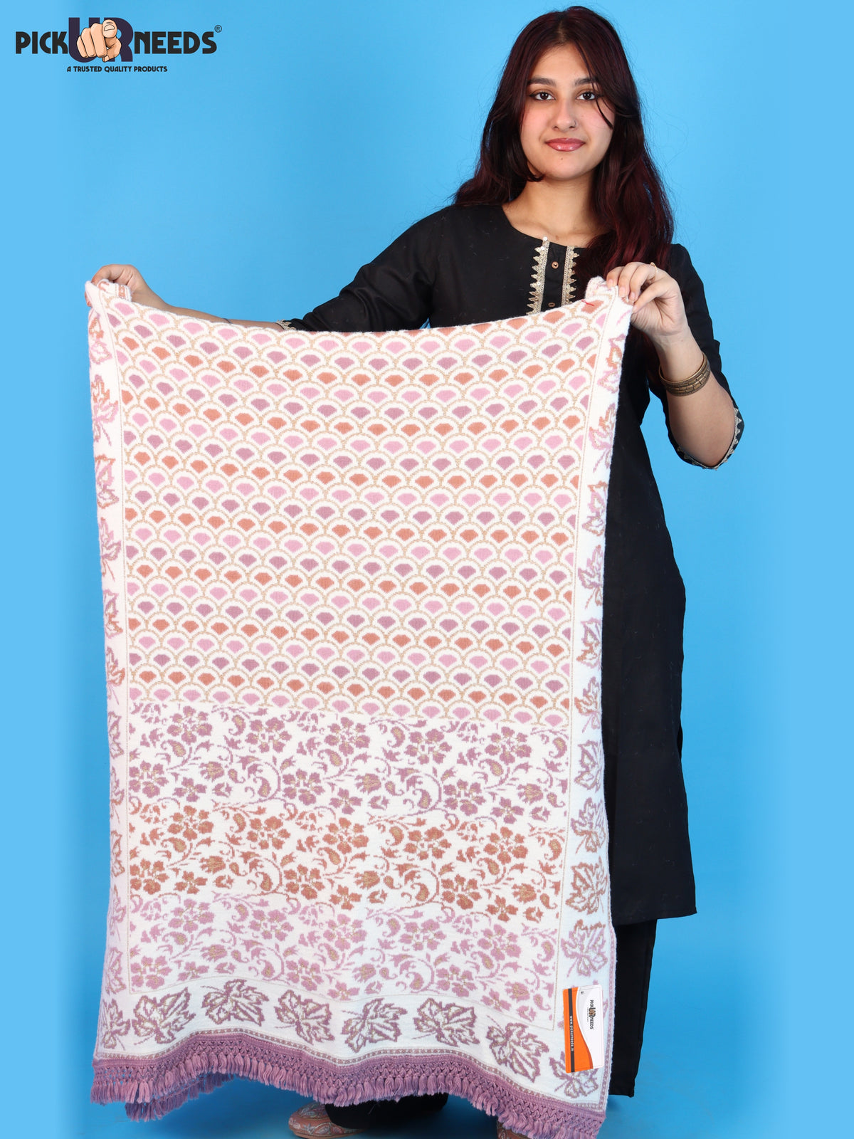 Pick Ur Needs Womens & Girls Winter Premium Shawl Floral Patterned Wool Blend Wrap with Decorative Border & Fringe Finish