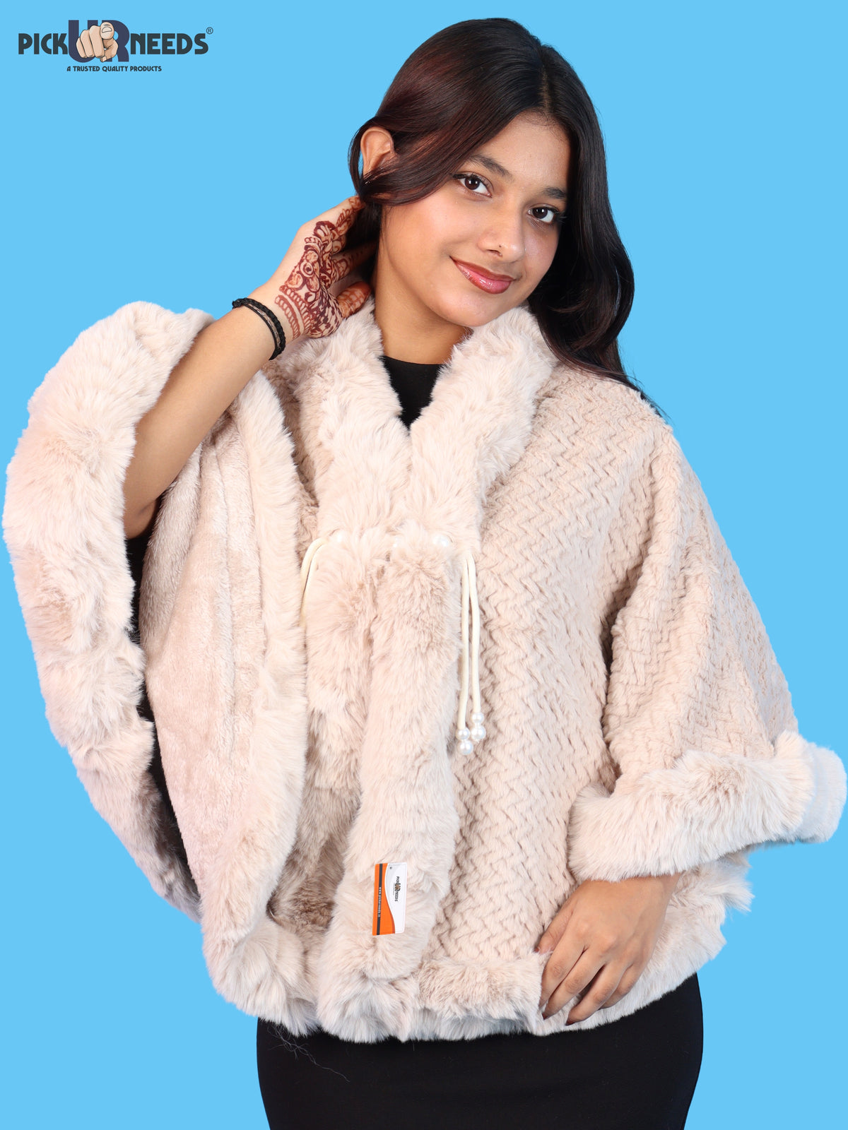 Pick Ur Needs Ladies Winter Shrug with Plush Fur Style Border & Pearl Bead Accents Textured Soft Fabric Open Front Cape Poncho with Wide Sleeves for Girls & Women