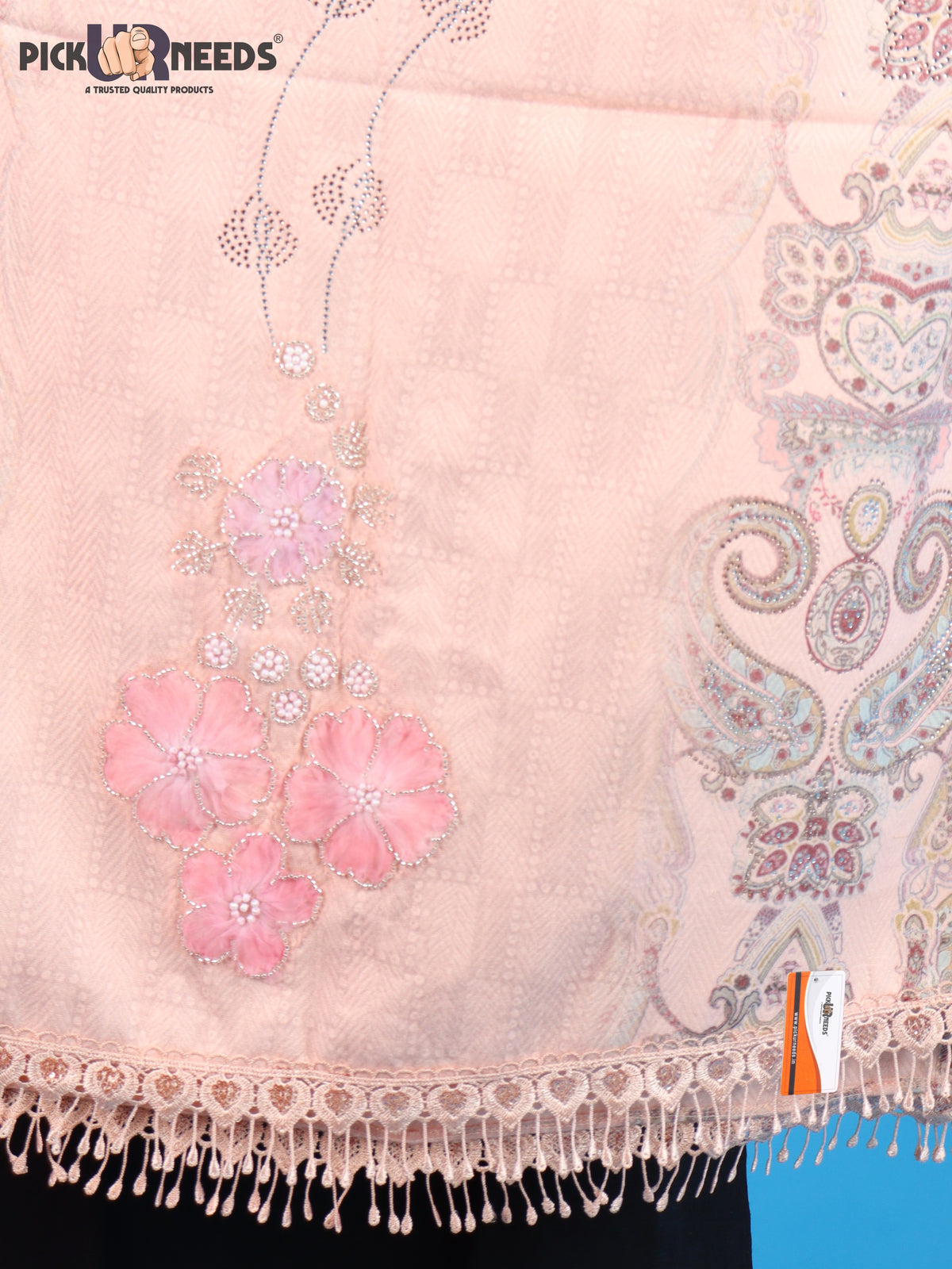 Pick Ur Needs Womens Designer Winter Elegant Floral Embellished Paisley Print Girls Shawl with Decorative Fringe Border