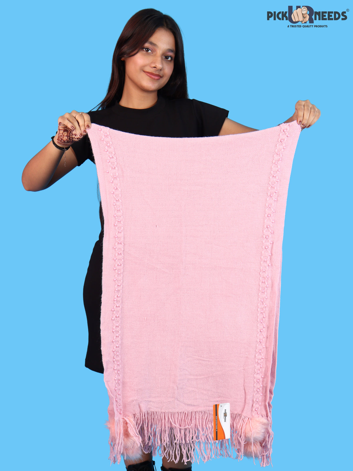 Pick Ur Needs Women & Girls Elegant Woolen Shawl with Beaded Border & Fringed Ends, Soft Warm Lightweight Winter Wrap Stole