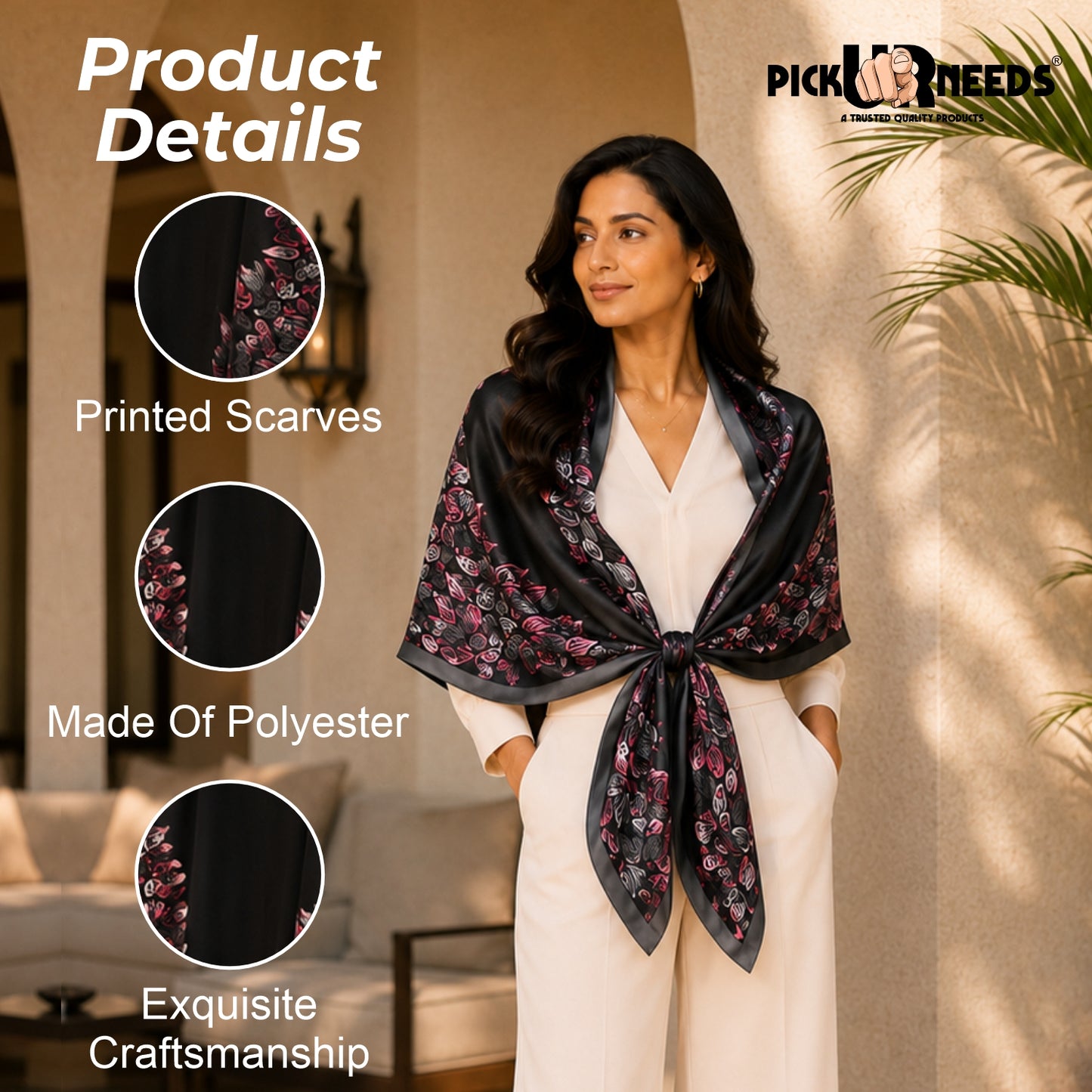 Pick Ur Needs Premium Satin Silk Feel Rectangle Scarf for Womens & Girls Floral Printed Long Fashion Stall Soft Lightweight Neck, Head & Shoulder Wrap