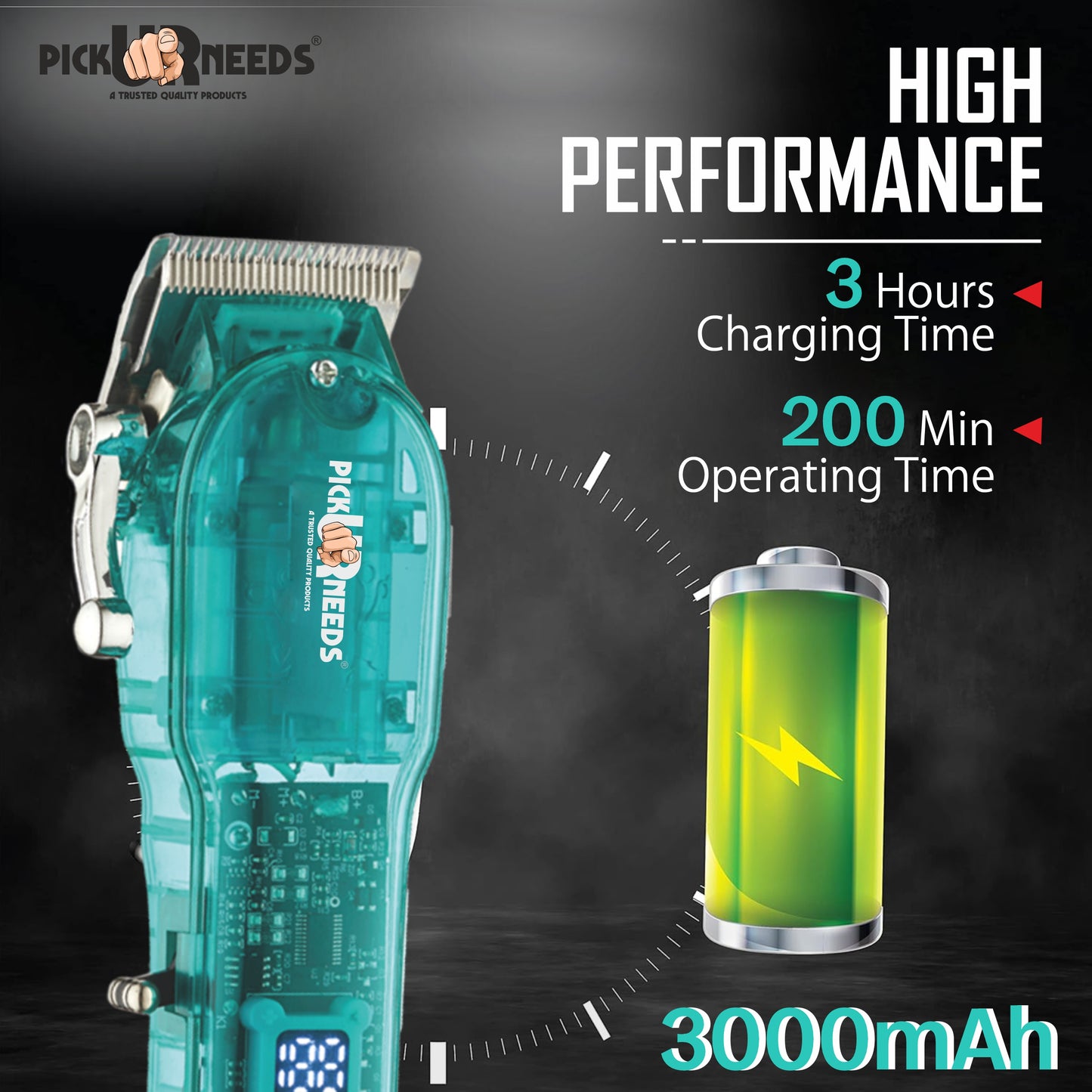 Pick Ur Needs Professional Rechargeable Hair Trimmer/Shaver With Smart LED Transparent Design Trimmer 200 min Runtime 4 Length Settings  (Green)