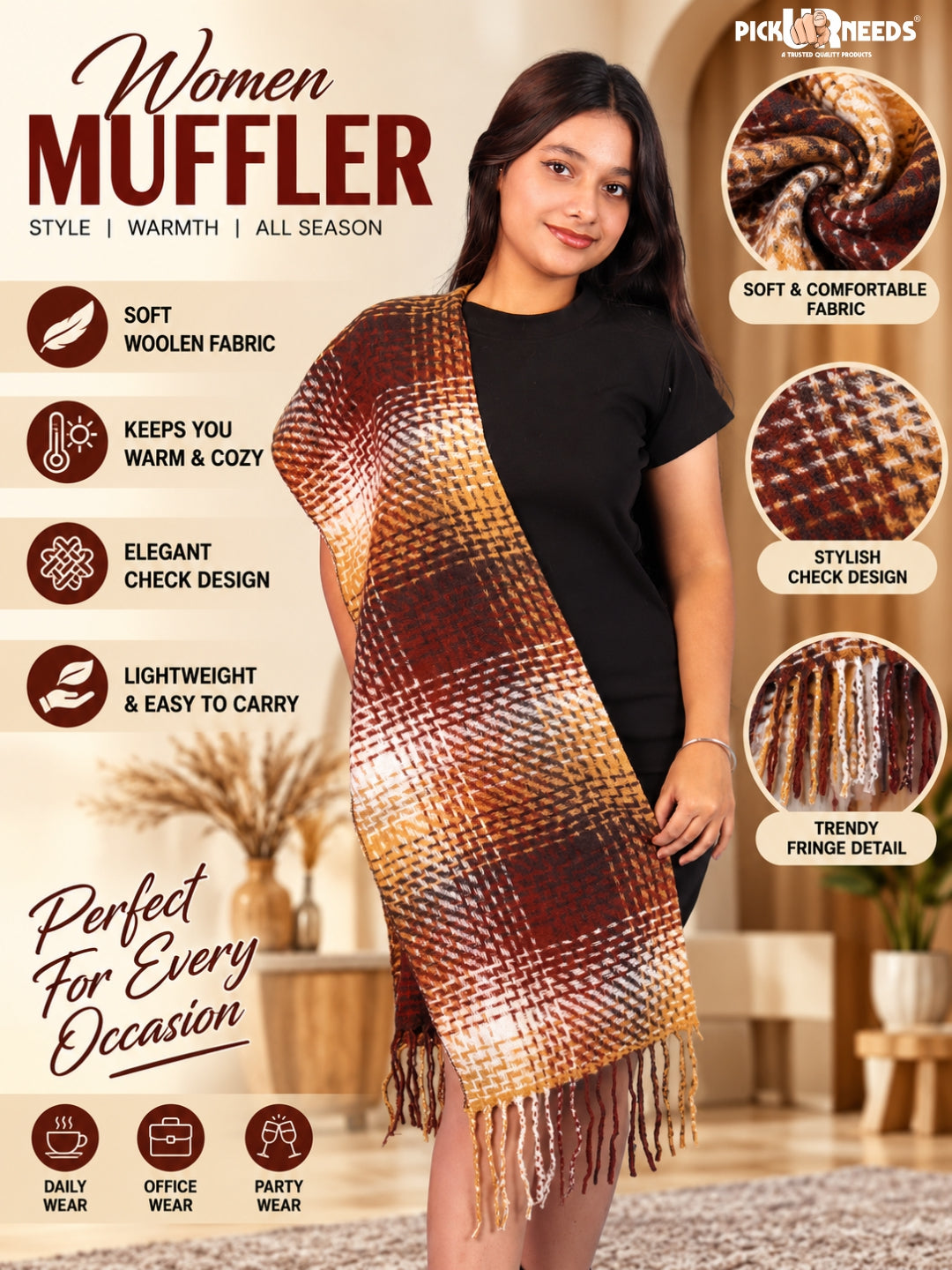 Pick Ur Needs Soft Woolen Girl's Muffler Scarf with Elegant Check Pattern,Warm & Cozy Winter Neck Wrap, Stylish Fringed Stole for Women & Girls