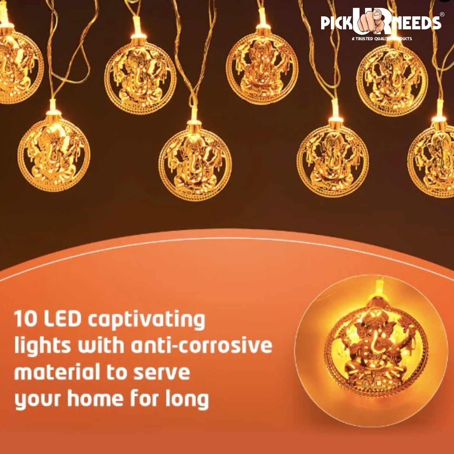 Pick Ur Needs Ganesh Ji Diwali String Metal Hanging Lights, Warm White Round 3D Curtain Lights for Window, Wall, Door, Party, Festival Décor, Home Office Decoration
