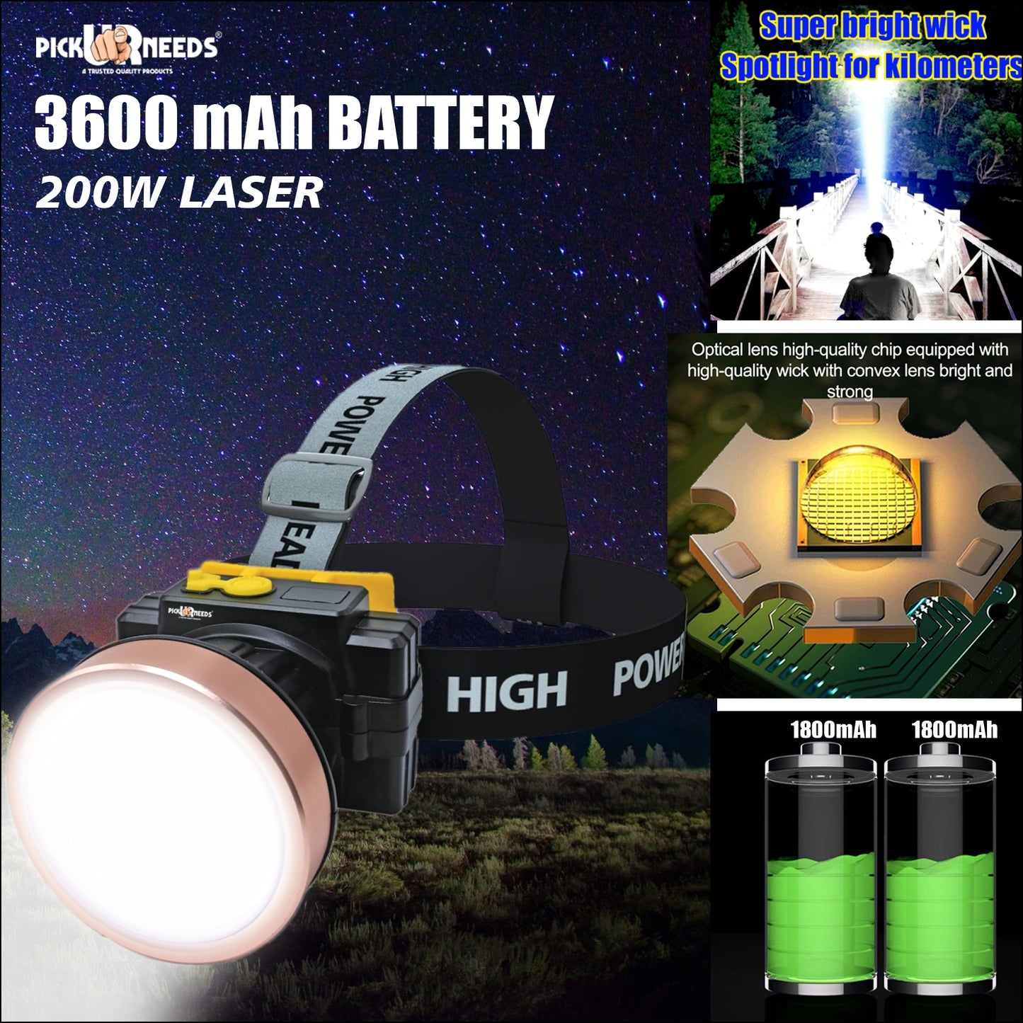 Pick Ur Needs 200W Laser Rechargeable Headlamp With Straps For Outdoor Usage 3600 mAh Battery 5 hrs Torch Emergency Light