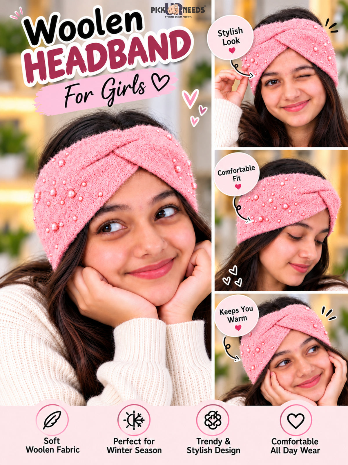 Pick Ur Needs Winter Ear Warmer Kanpatti Soft Woolen Headband with Elegant Pearl Design Warm Stretchable For Womens & Girls
