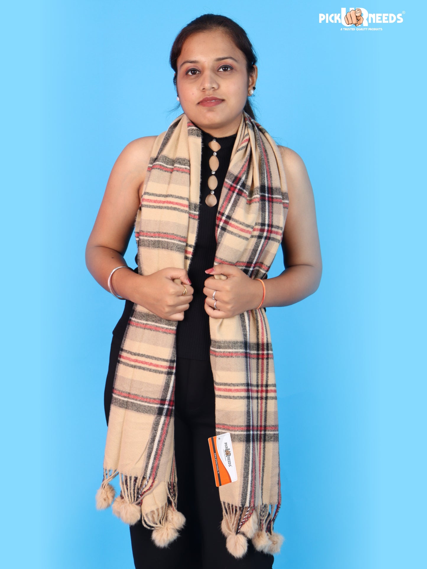 Pick Ur Needs Premium Womens Fashion Stole with Contemporary Check Weave, Decorative Fur Pom Tassels & Multi-Style Winter Wrap Shawl
