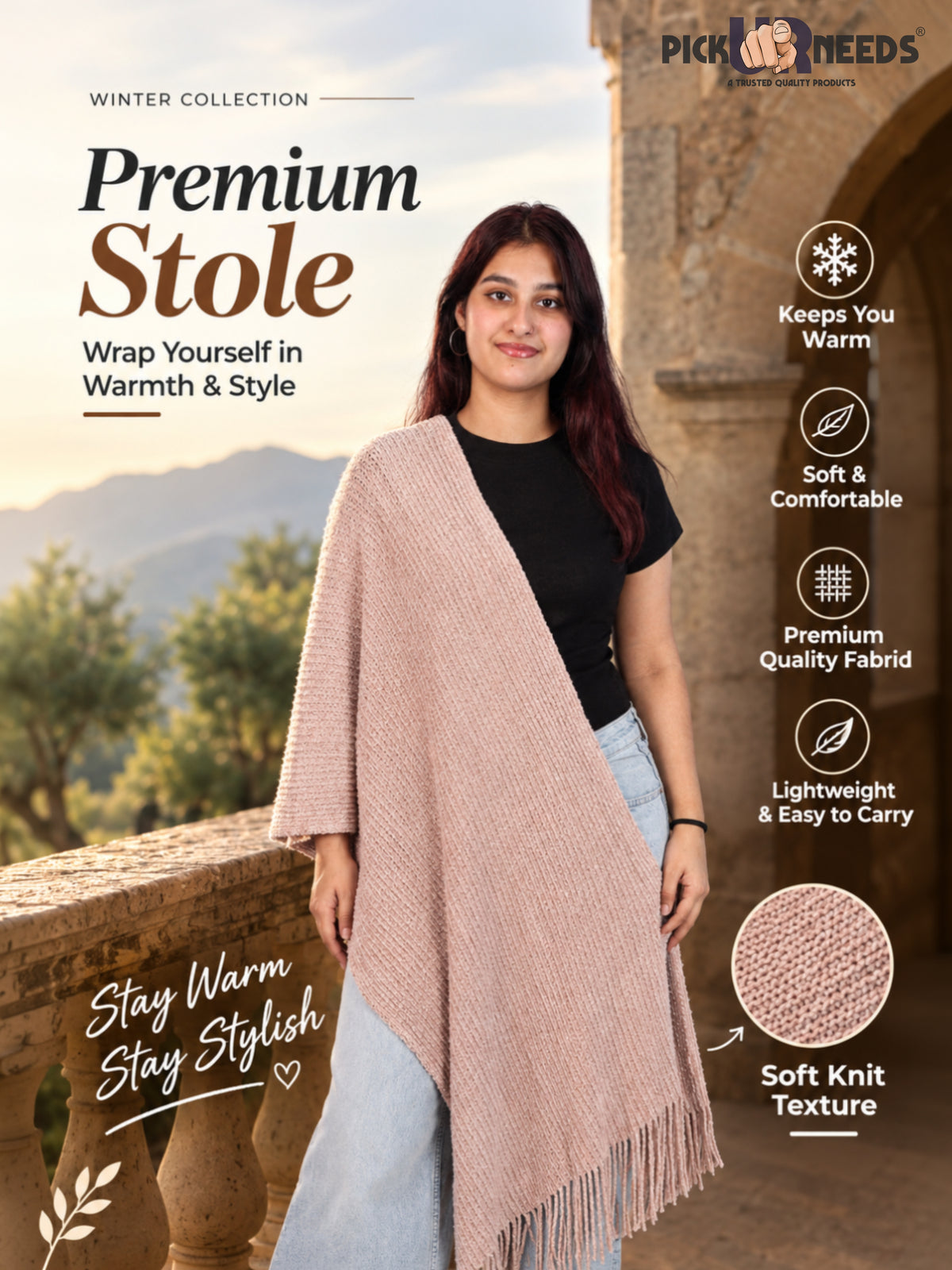 Pick Ur Needs Womens Winter shawl with Soft Plush Texture & Long Fringe Detailing Elegant Wrap for Ladies & Girls Cozy Seasonal Shoulder Cover for Casual, Ethnic & Western Outfits