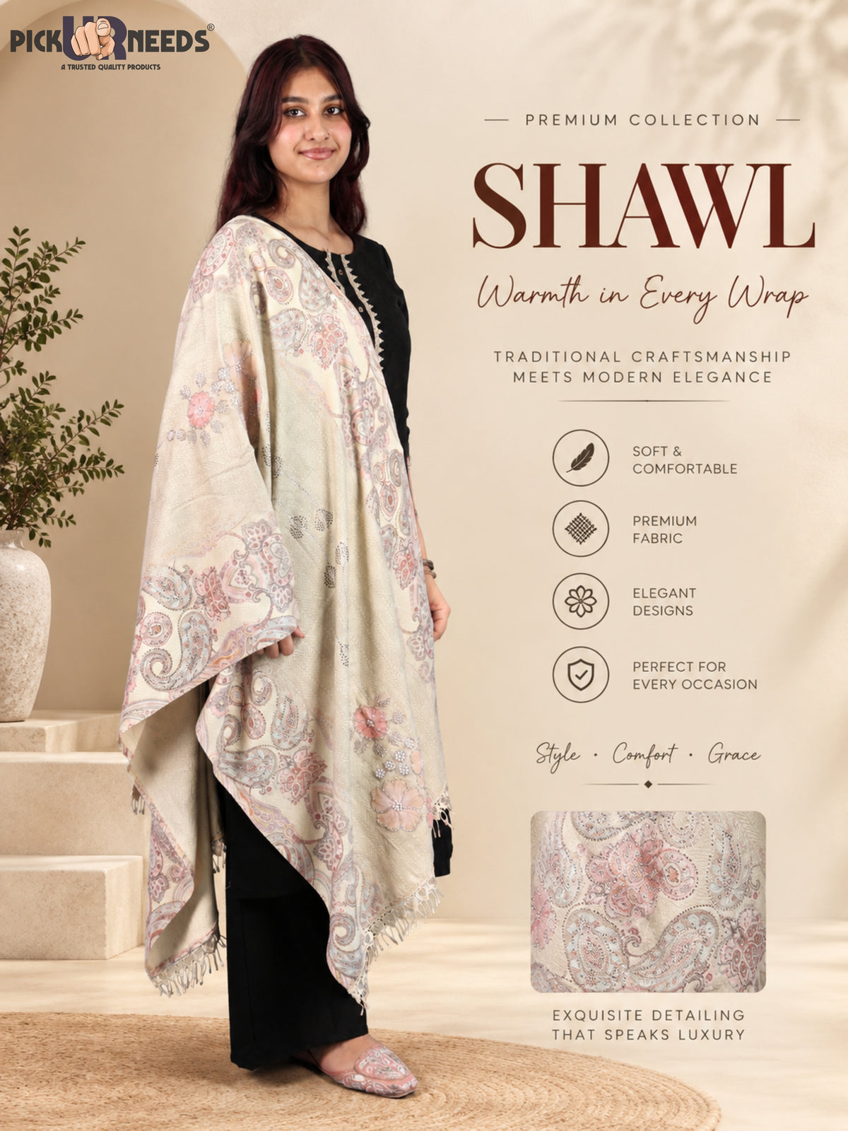 Pick Ur Needs Womens Designer Winter Elegant Floral Embellished Paisley Print Girls Shawl with Decorative Fringe Border