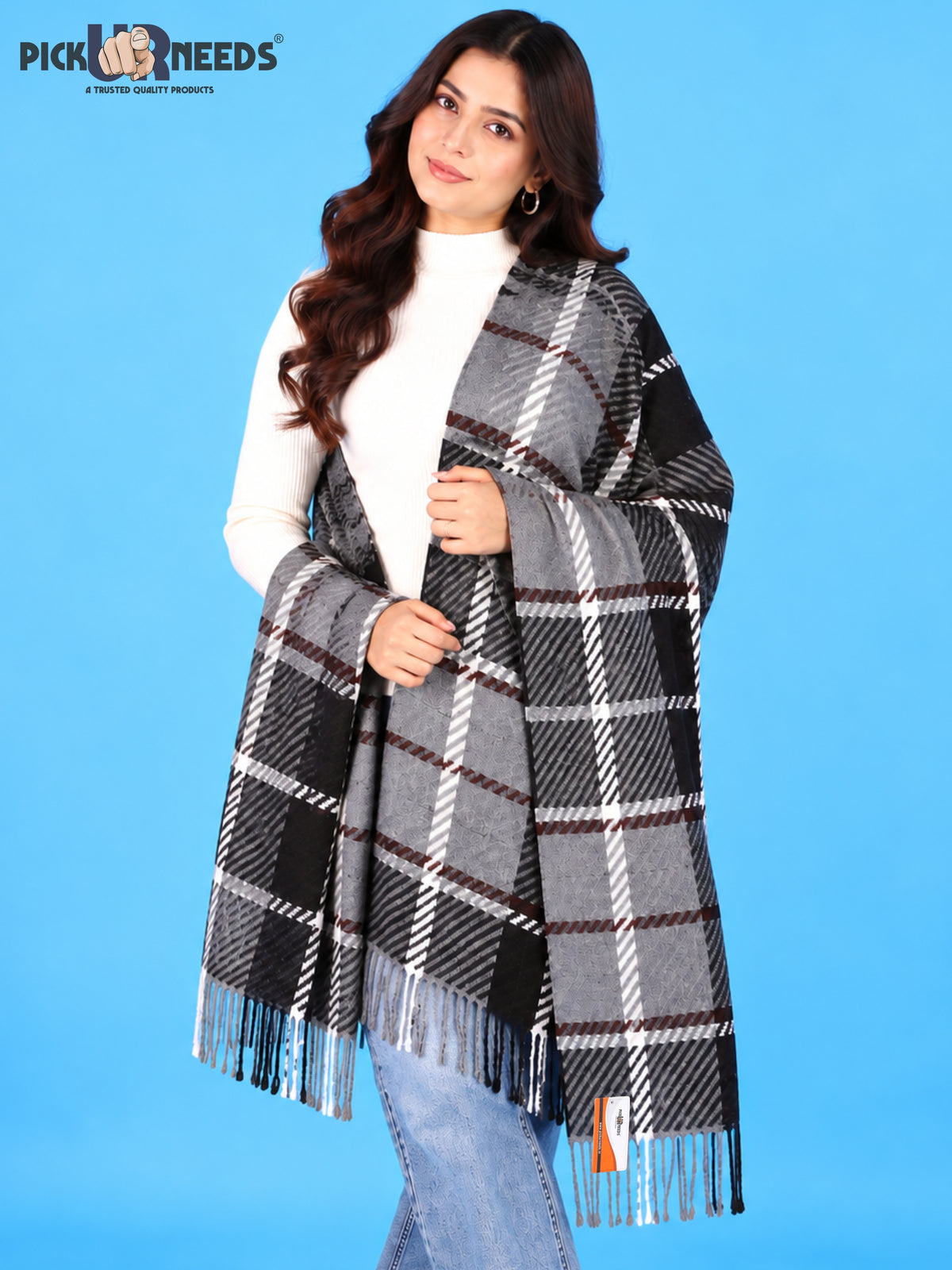 Pick Ur Needs Women's Winter Shawl & Muffler Soft Warm Checkered Printed Stole with Tassels Stylish Neck Wrap Scarf for Women & Girls