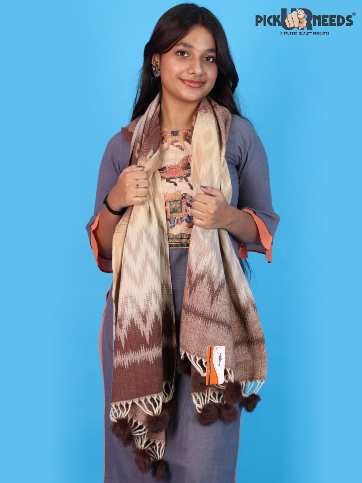 Pick Ur Needs Women Winter Shawl Soft Warm Geometric Printed Woolen Style Stole with Pom Pom Tassels Stylish Long Wrap Muffler for Women & Girls