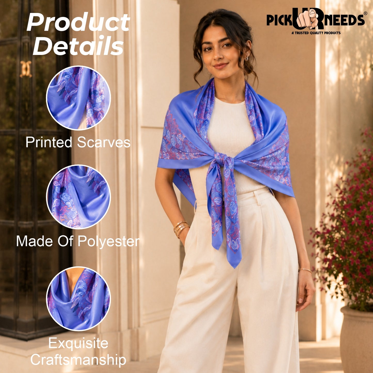 Pick Ur Needs Premium Satin Silk Feel Rectangle Scarf for Womens & Girls Floral Printed Long Fashion Stall Soft Lightweight Neck, Head & Shoulder Wrap