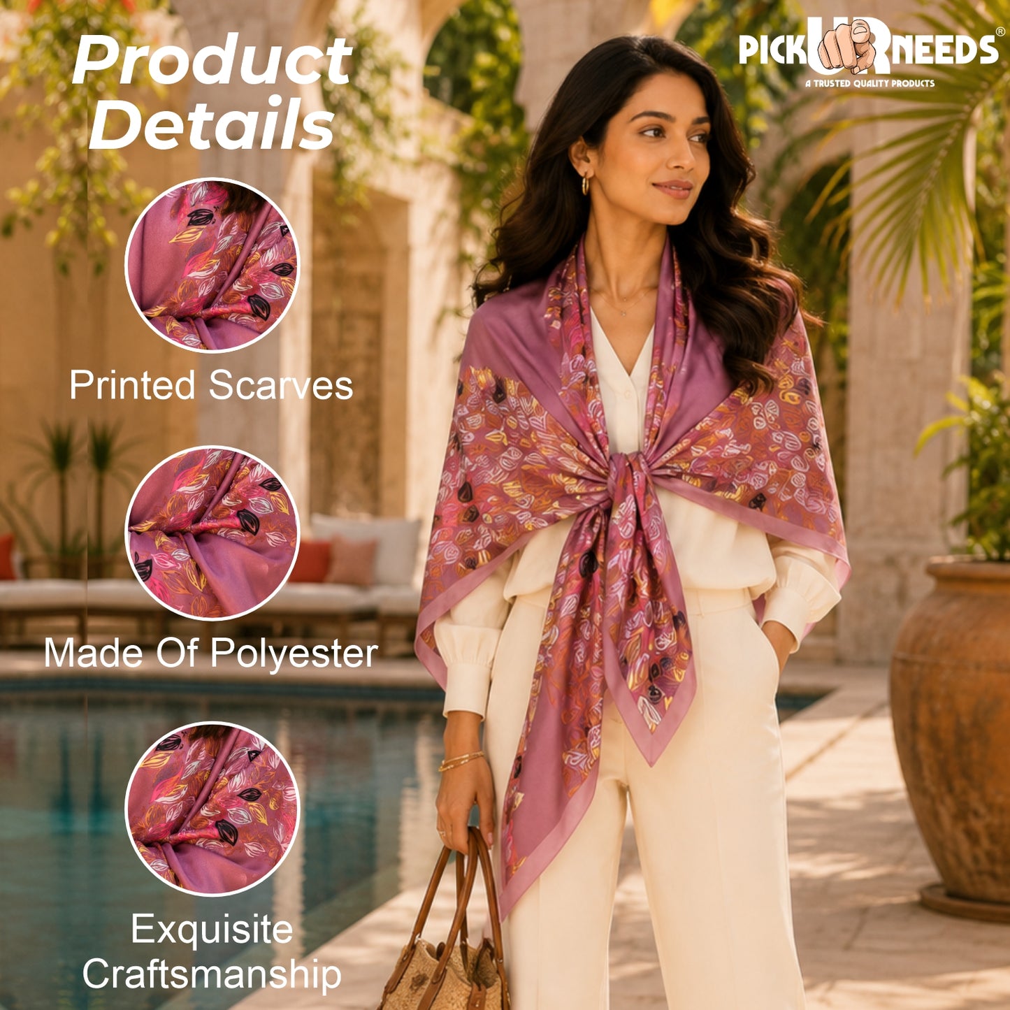 Pick Ur Needs Premium Satin Silk Feel Rectangle Scarf for Womens & Girls Floral Printed Long Fashion Stall Soft Lightweight Neck, Head & Shoulder Wrap