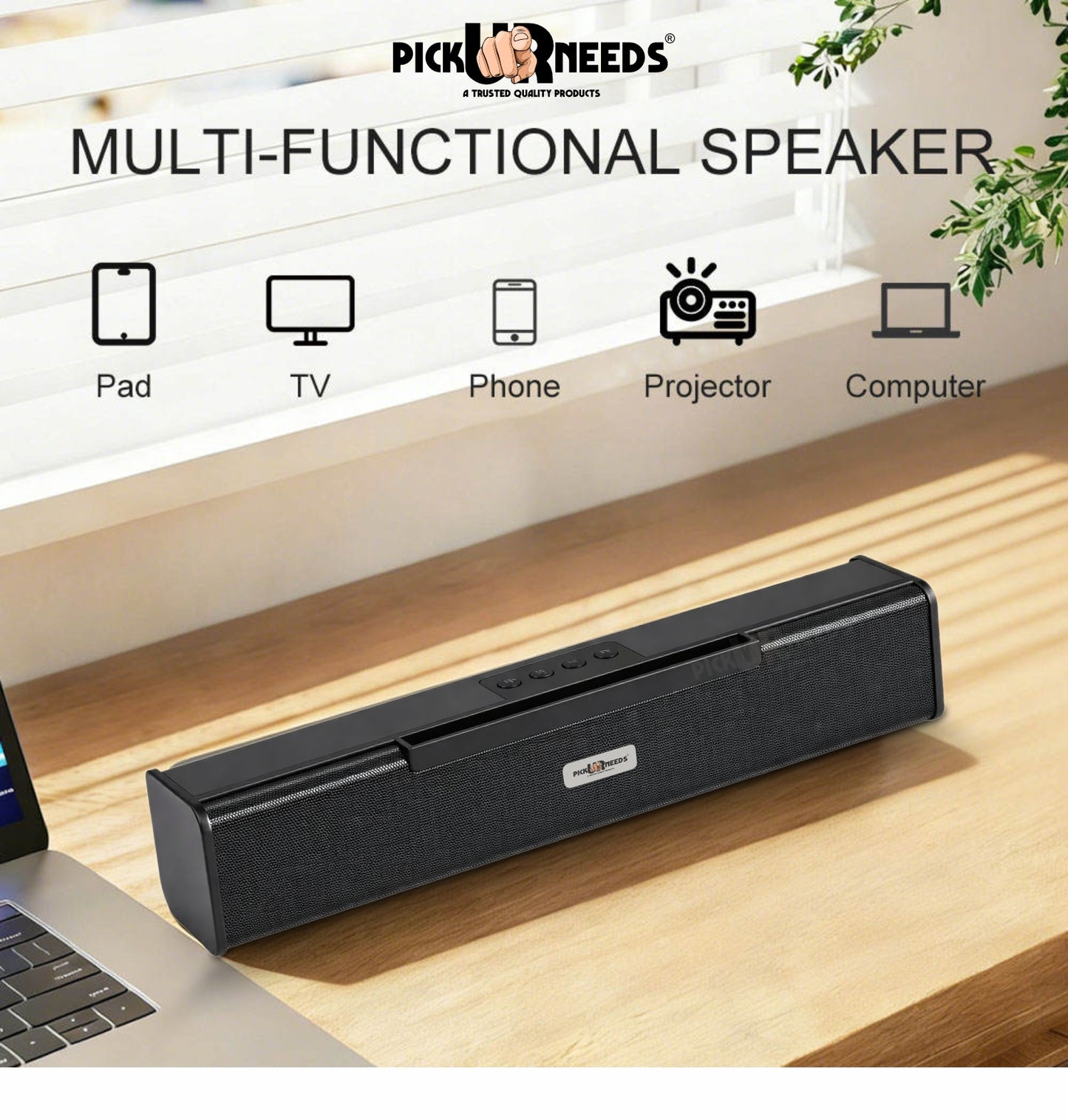 Pick Ur Needs Rechargeable Portable Bluetooth Wireless Soundbar Party Speaker 10W, Heavy Bass, TWS, 5H Playtime, Multi-Connectivity (USB/SD/FM/AUX)
