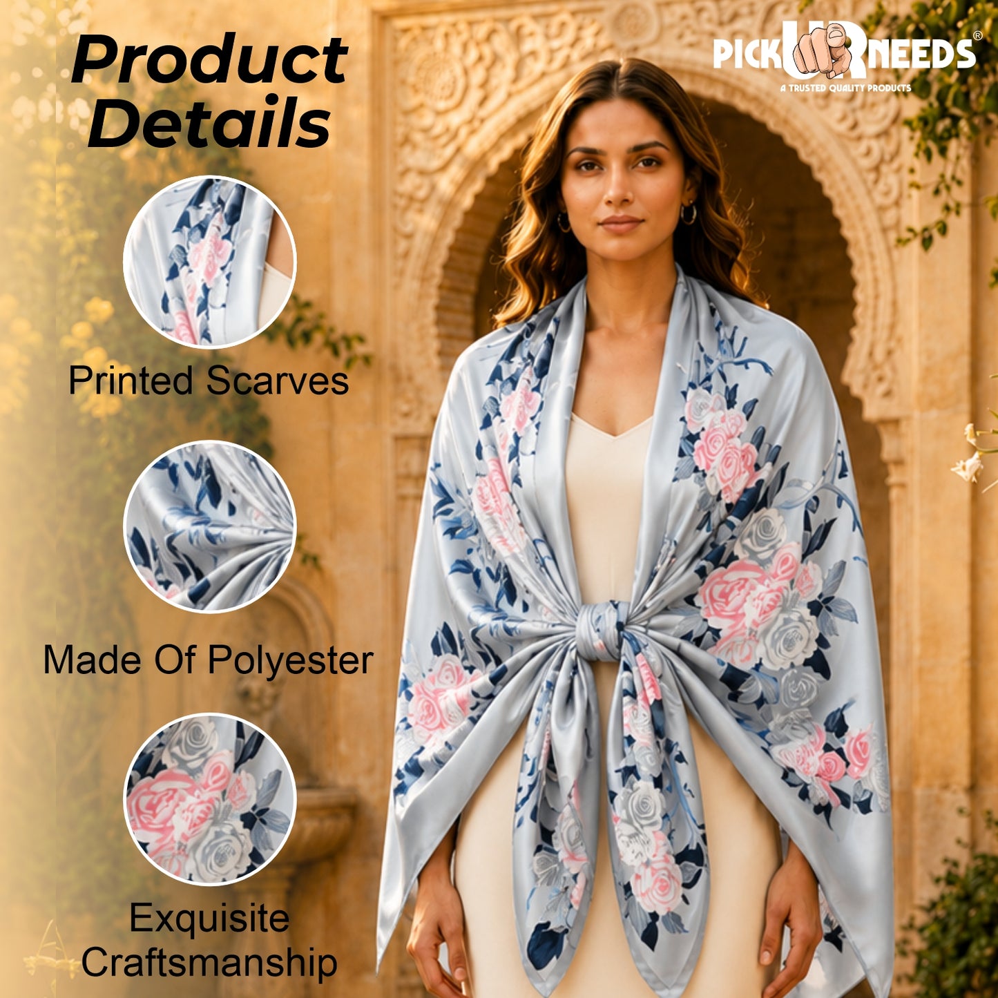 Pick Ur Needs Summer Silk Floral Printed Scarf for Womens & Girls Elegant Neck, Head & Shoulder Wrap Soft Lightweight Fashion Stole