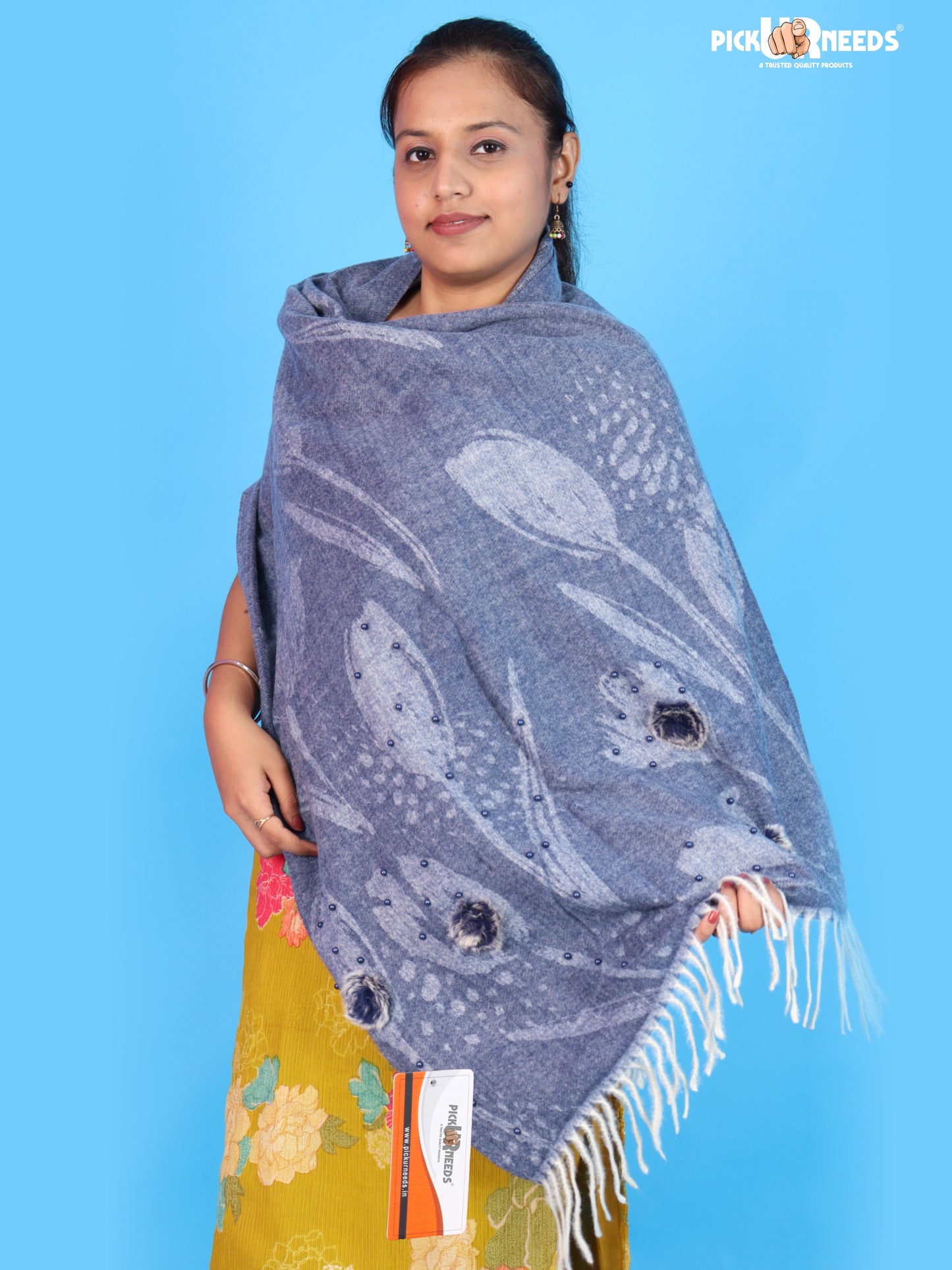 Pick Ur Needs Ladies Premium Printed Winter Shawl with Floral Pattern, Decorative Bead Detailing, Soft Warm Wrap with Fringe Tassels for Women & Girls