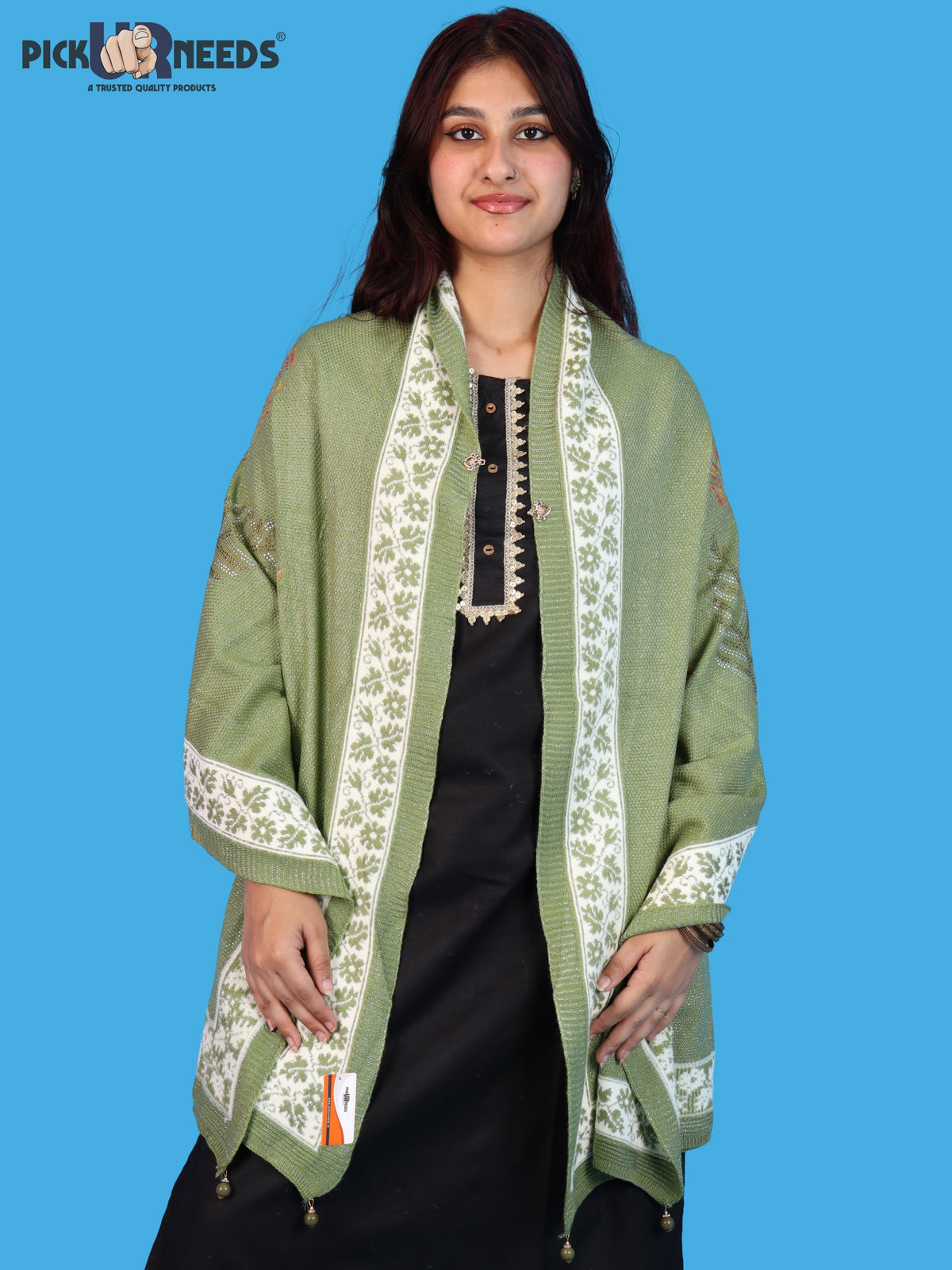 Pick Ur Needs Girls & Womens Winter Soft Lightweight Knitted Shawl with Leaf Design, Floral Border & Decorative Tassels