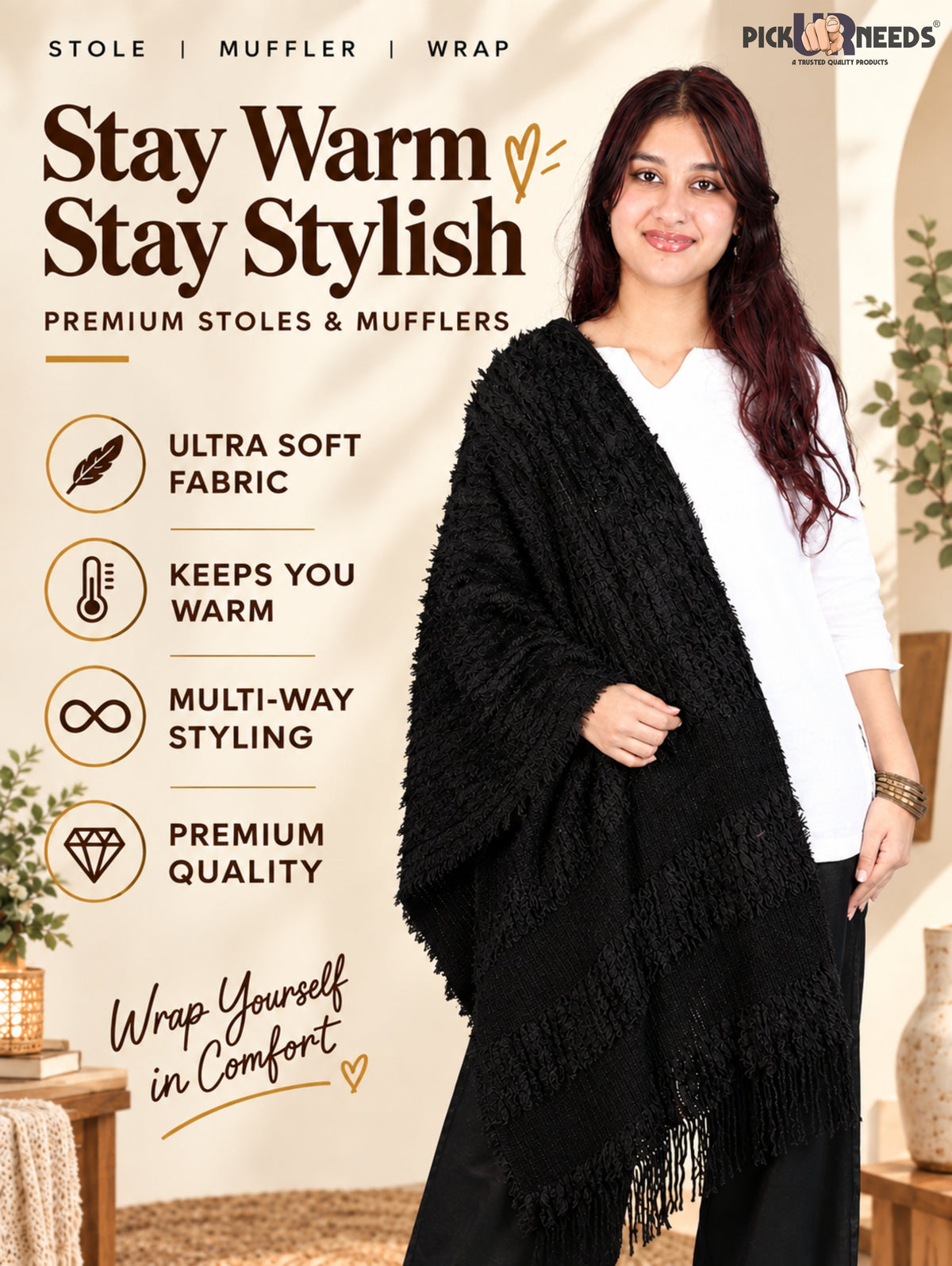 Pick Ur Needs Premium Winter Muffler for Women & Girls Soft Textured Woven with Fringe Detailing Warm Lightweight Neck Wrap