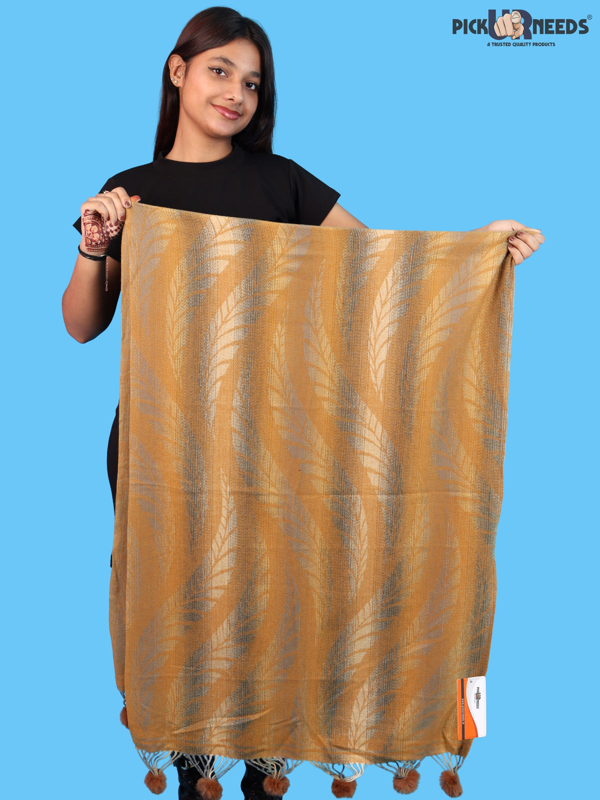 Pick Ur Needs Womens Designer Woolen Shawl & Stole with Elegant Leaf Pattern and Pom Pom Tassels, Winter Soft Warm Lightweight Winter Wrap