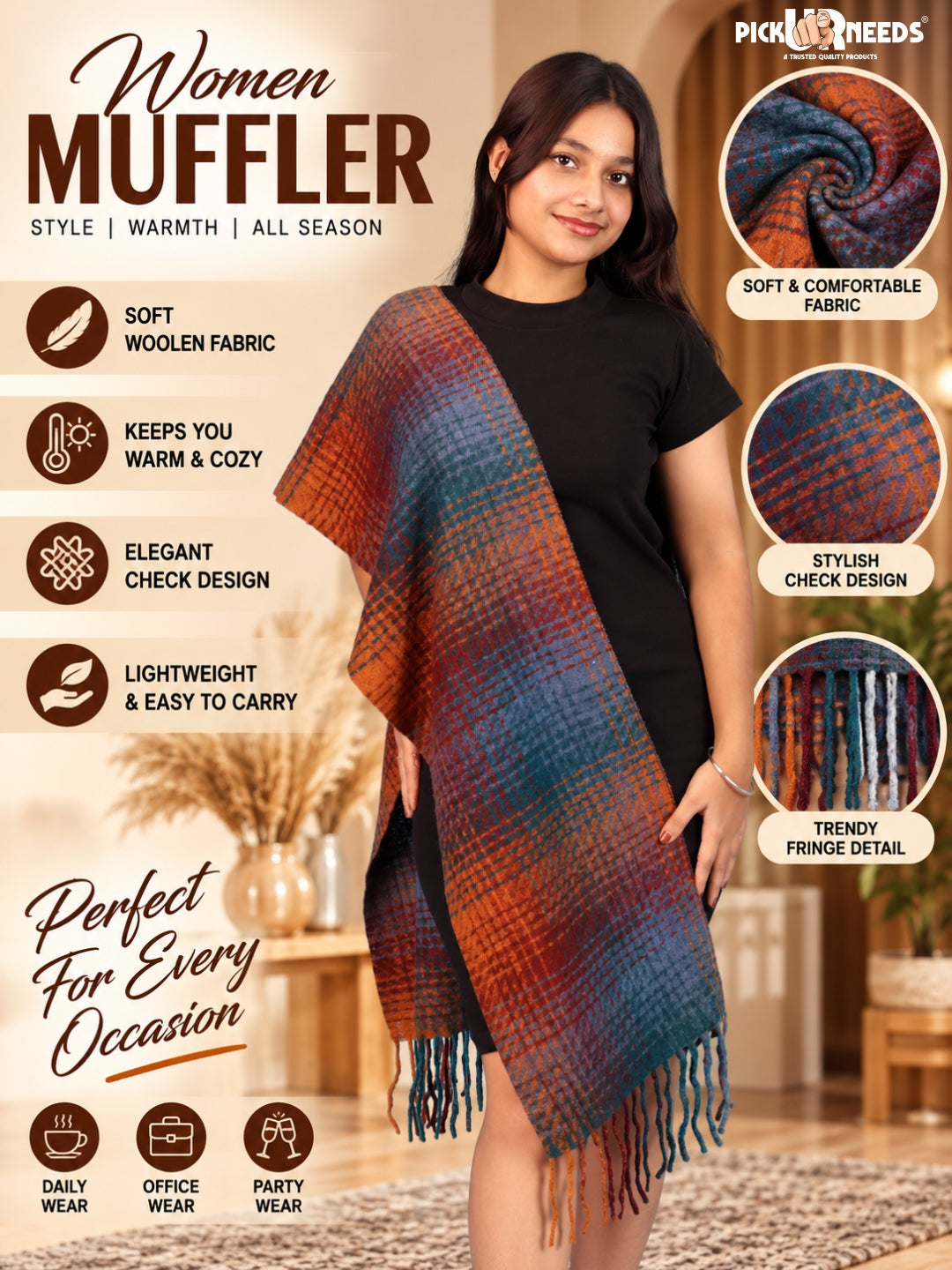 Pick Ur Needs Soft Woolen Girl's Muffler Scarf with Elegant Check Pattern,Warm & Cozy Winter Neck Wrap, Stylish Fringed Stole for Women & Girls