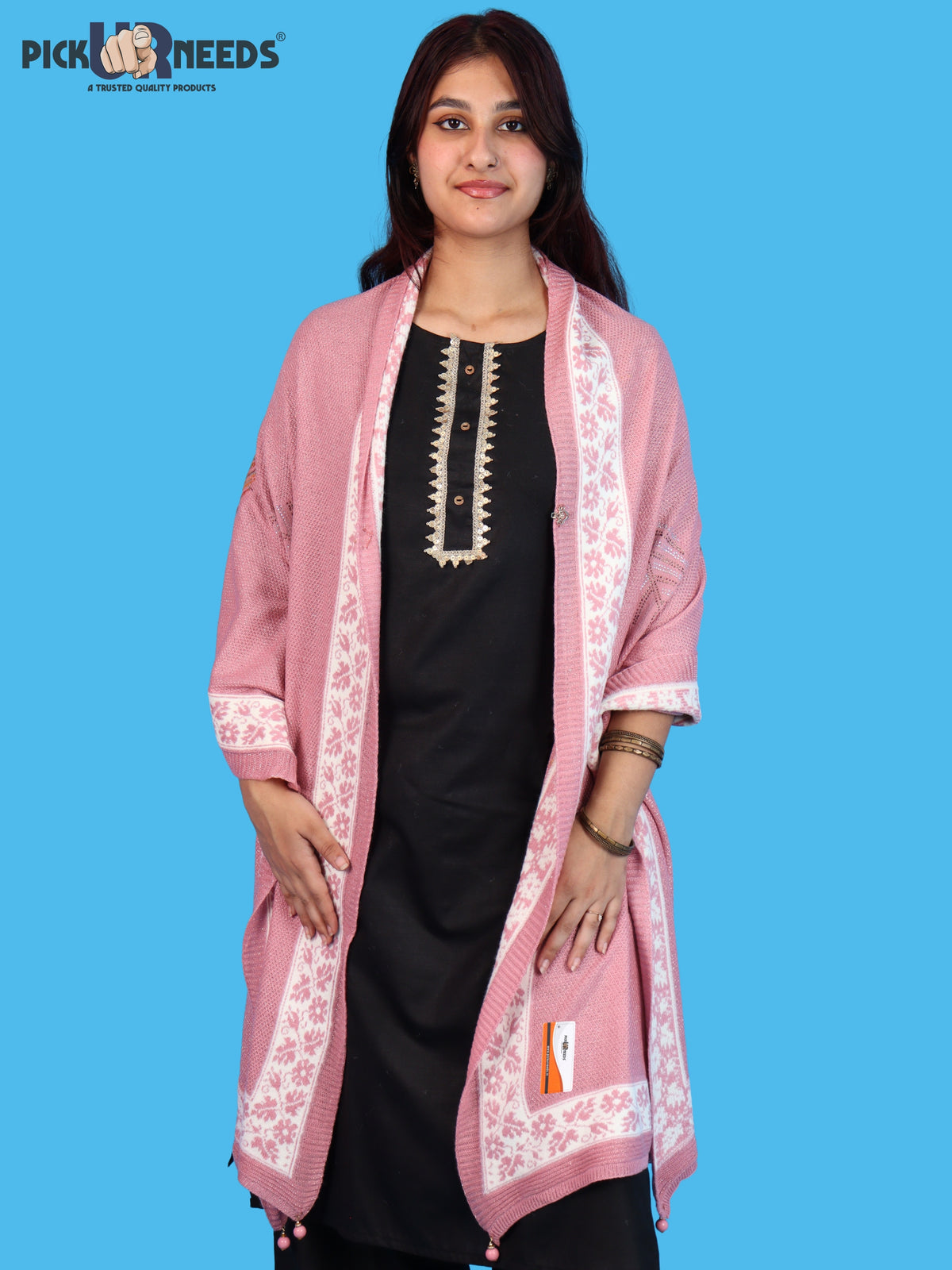 Pick Ur Needs Girls & Womens Winter Soft Lightweight Knitted Shawl with Leaf Design, Floral Border & Decorative Tassels