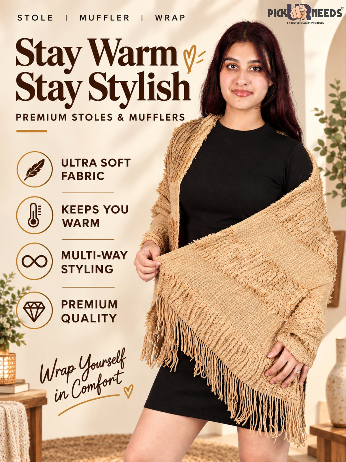 Pick Ur Needs Warm Winter Shawl & Stole for Women & Girls Soft Textured Woven Wrap with Fringe Detailing