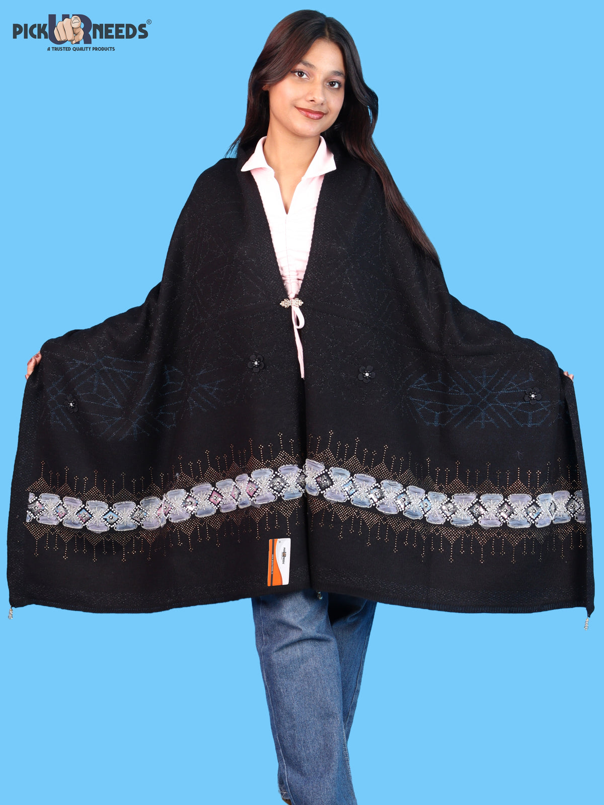 Pick Ur Needs Womens Soft Woolen Winter Girls Shawl with Elegant Geometric Design & Floral Embellishments Lightweight Warm Comfortable Ladies Shawl