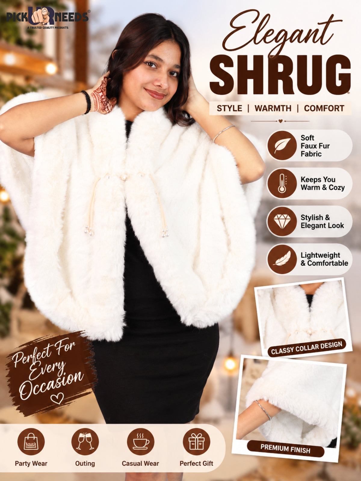 Pick Ur Needs Elegant Faux Fur Womens Shrug with Plush Collar,Soft Warm Winter Cape Poncho, Stylish Fluffy Shoulder Wrap for Ladies & Girls