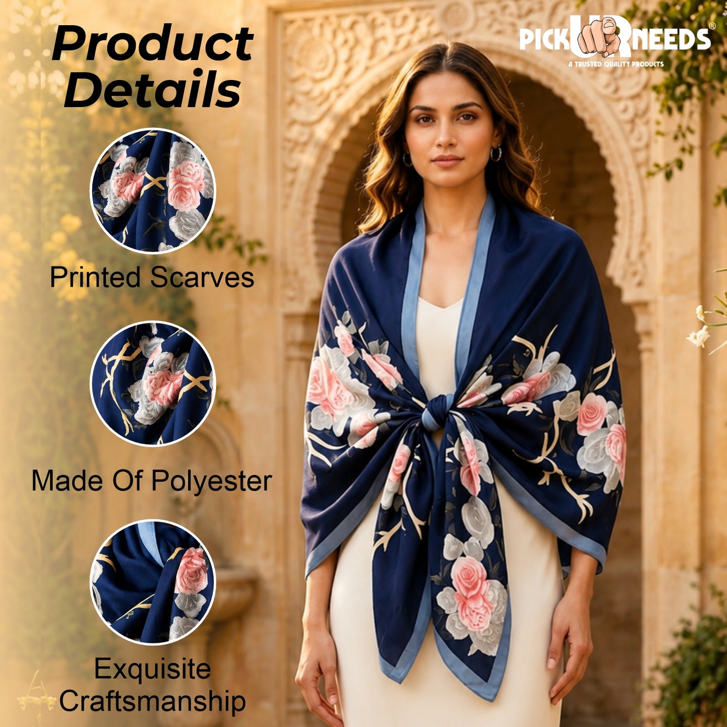 Pick Ur Needs Summer Silk Floral Printed Scarf for Womens & Girls Elegant Neck, Head & Shoulder Wrap Soft Lightweight Fashion Stole