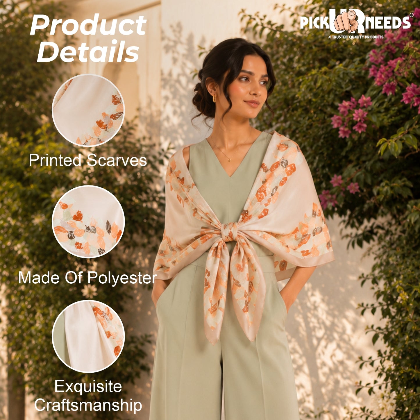 Pick Ur Needs Premium Satin Silk Feel Rectangle Scarf for Womens & Girls Floral Printed Long Fashion Stall Soft Lightweight Neck, Head & Shoulder Wrap
