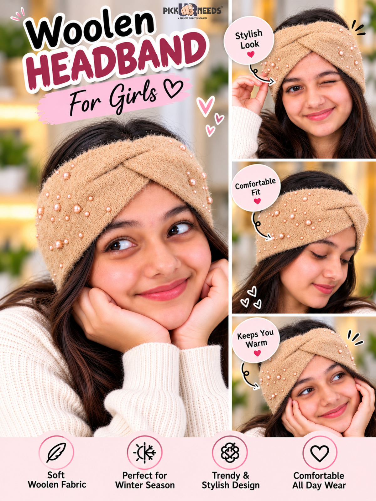 Pick Ur Needs Winter Ear Warmer Kanpatti Soft Woolen Headband with Elegant Pearl Design Warm Stretchable For Womens & Girls
