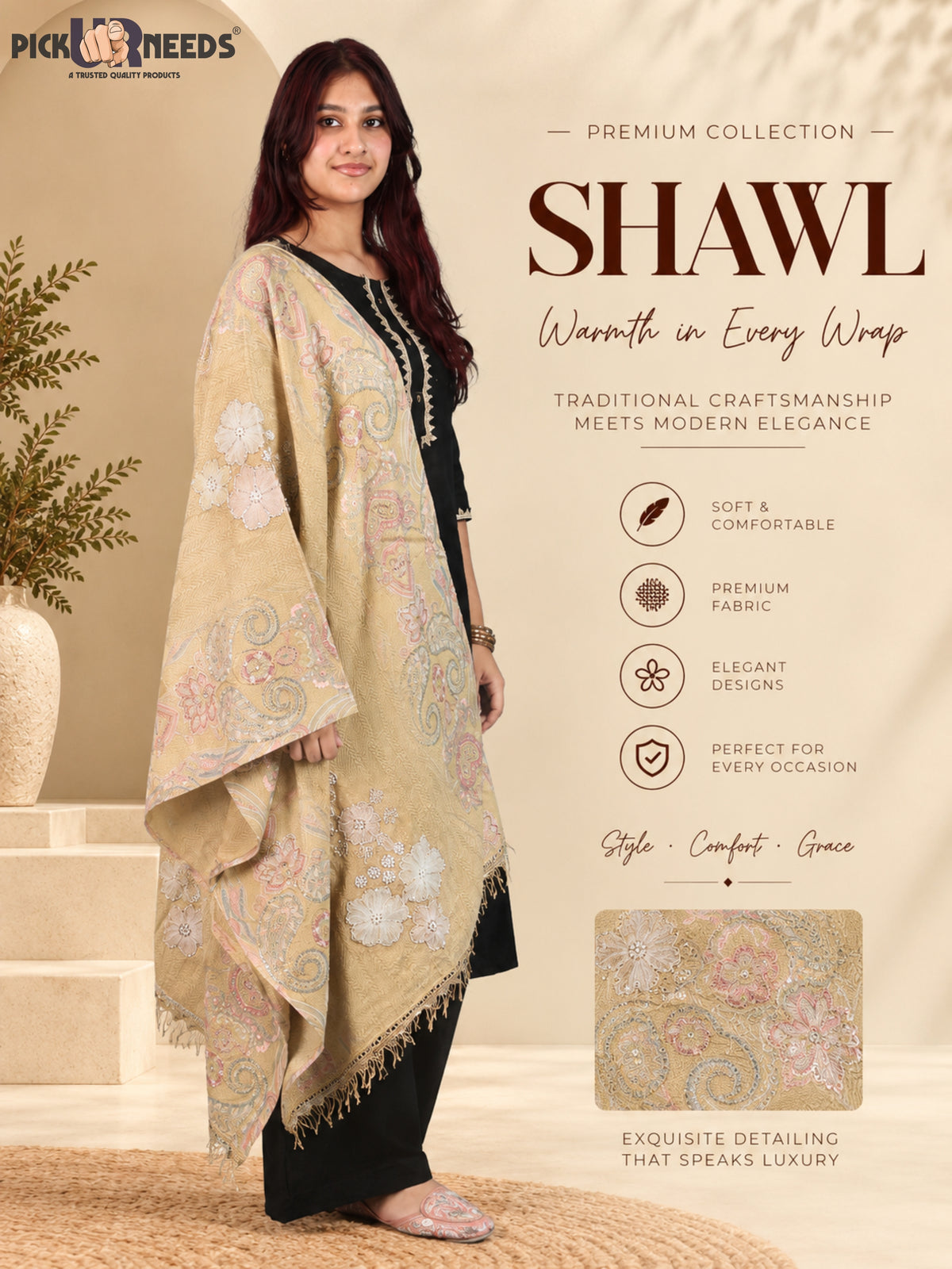 Pick Ur Needs Womens Designer Winter Elegant Floral Embellished Paisley Print Girls Shawl with Decorative Fringe Border