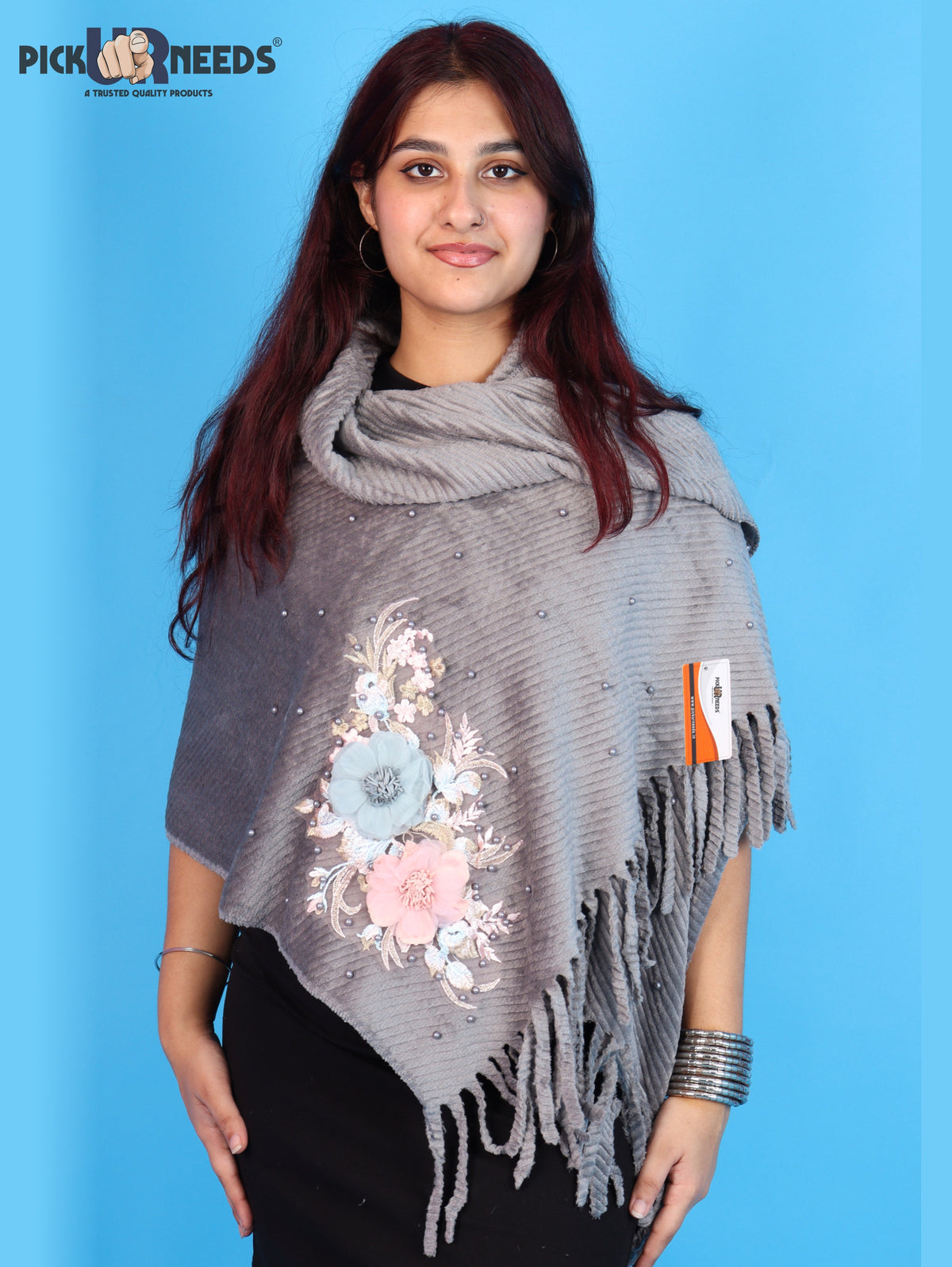 Pick Ur Needs Premium Floral Embroidered Winter Shawl Stole Soft Warm Wrap with Pearl Embellishments & Fringed Border For Girls & Womens