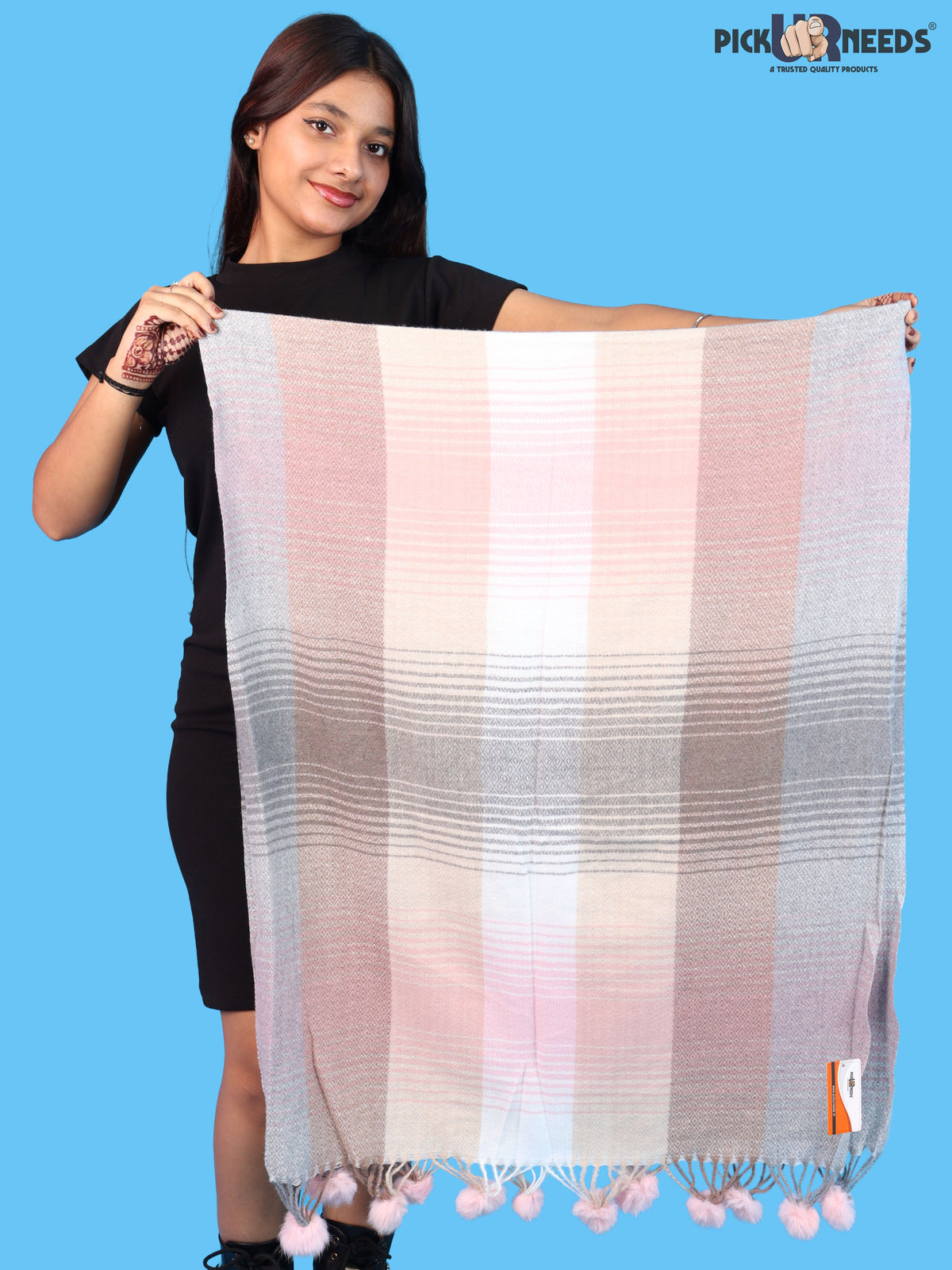 Pick Ur Needs Women & Girls Winter Shawl Soft Warm Striped Pattern Shawl with Tassel & Pom Pom Border Stylish Ladies Winter Wrap