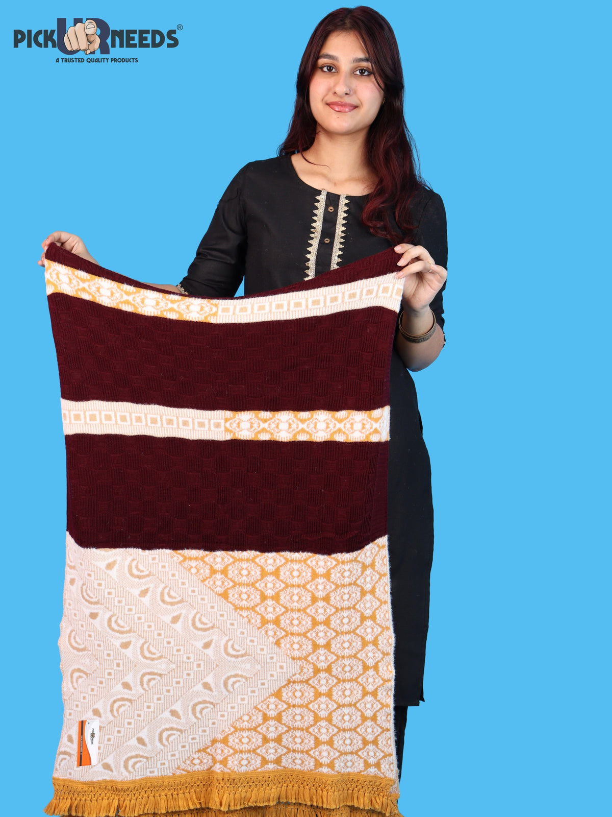 Pick Ur Needs Winter Girls & Womens Woolen Shawl, Soft Warm Printed Wrap with Elegant Pattern & Fringe Border
